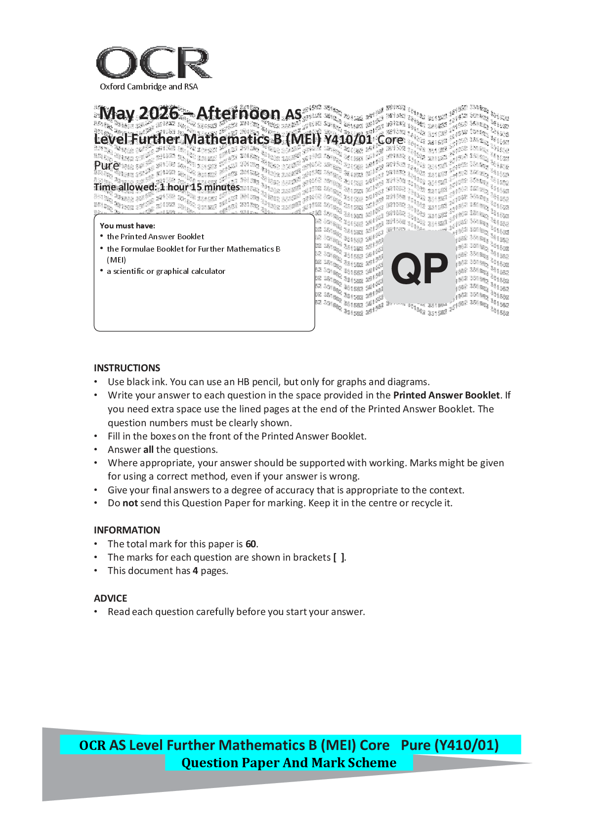 Recommended document preview for OCR AS Level Further Mathematics B (MEI) Core Pure (Y410/01) Question Paper And Mark Scheme