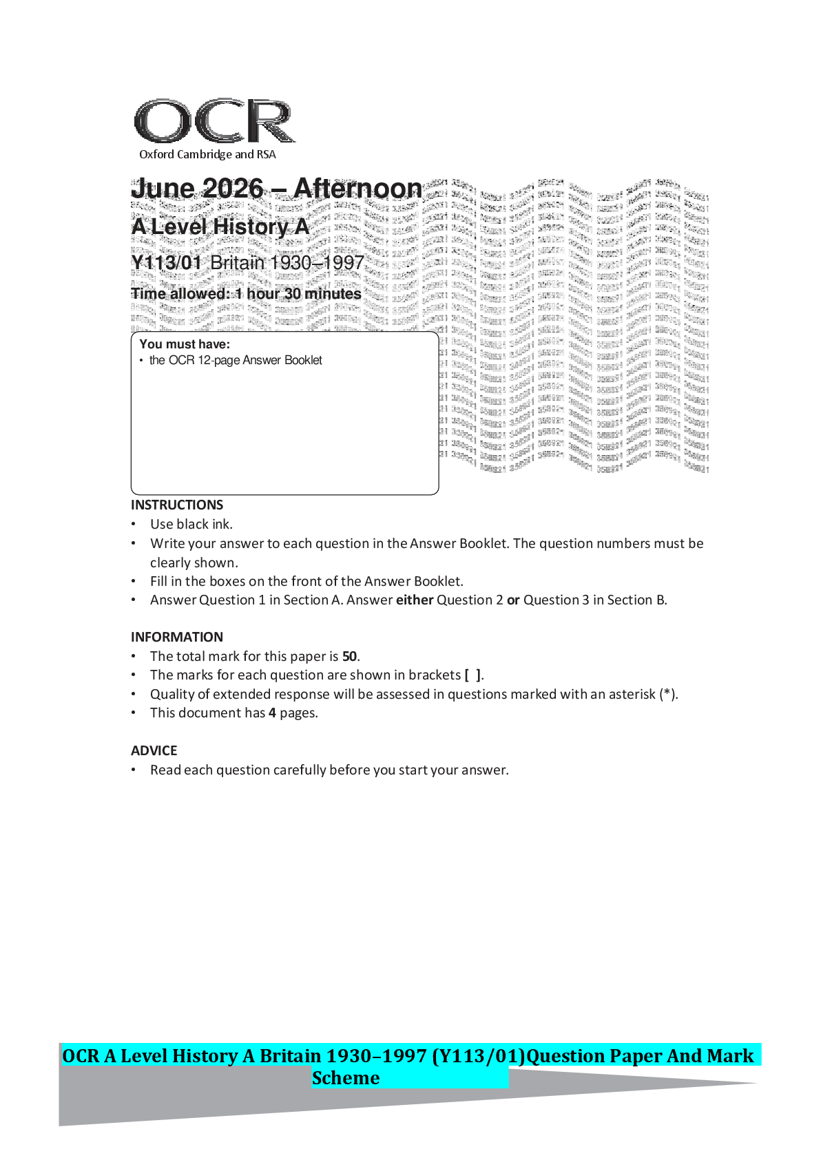 Recommended document preview for OCR A Level History A Britain 1930–1997 (Y113/01)Question Paper And Mark Scheme