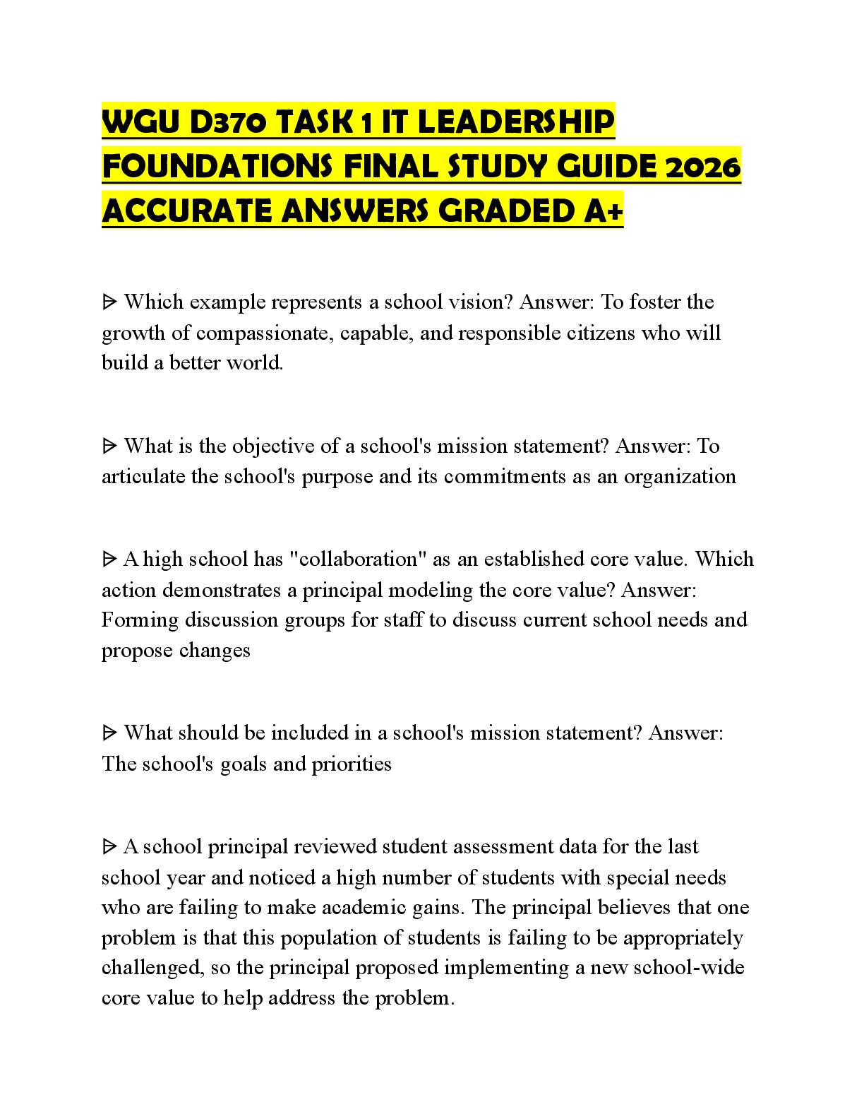 Preview of WGU D370 TASK 1 IT LEADERSHIP FOUNDATIONS FINAL STUDY GUIDE 2026 ACCURATE ANSWERS GRADED A+