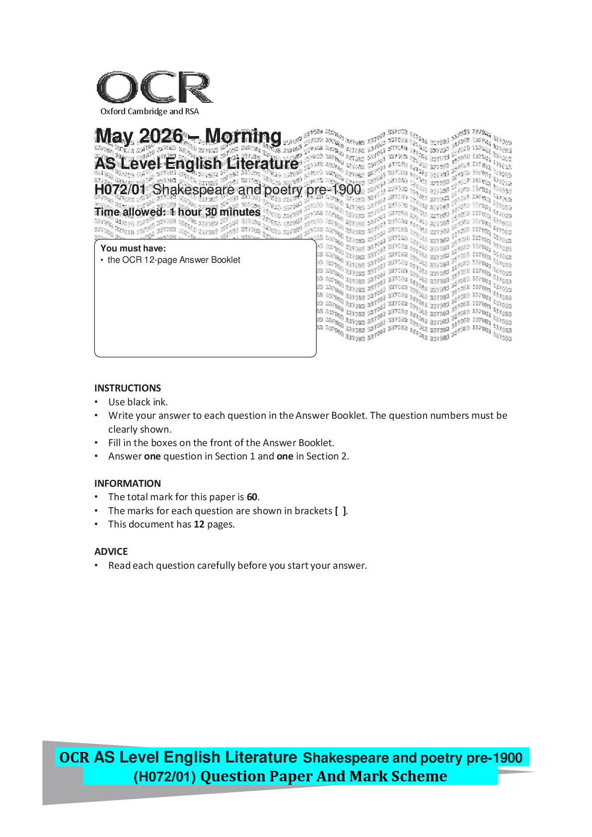 Preview of OCR AS Level English Literature Shakespeare and poetry pre-1900 (H072/01) Question Paper A