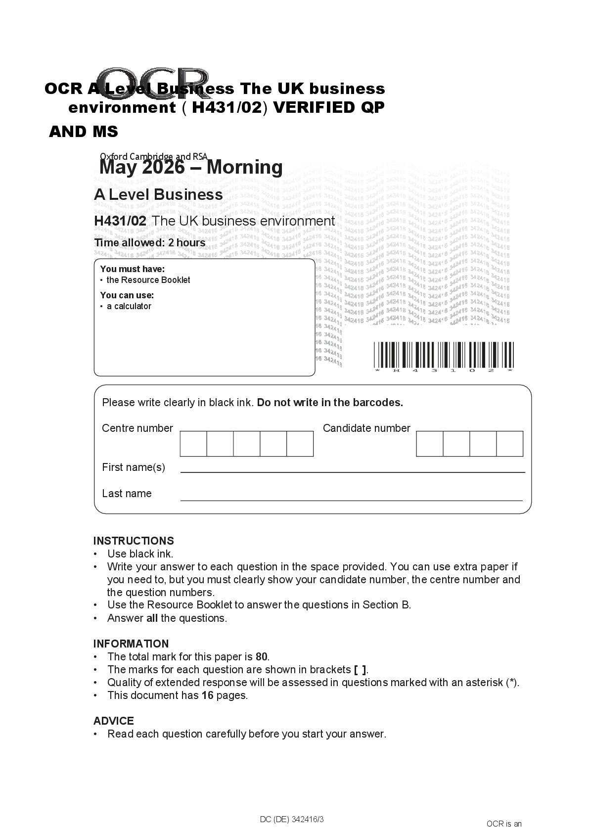 Preview of OCR A Level Business H431/02 The UK business environment VERIFIED QP AND MS MAY 2026