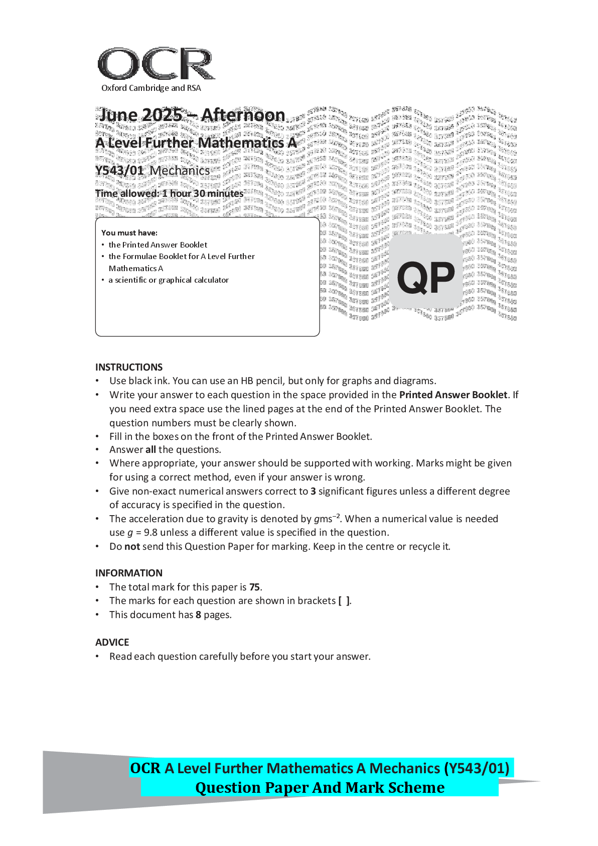 Recommended document preview for OCR A Level Further Mathematics A Mechanics (Y543/01) Question Paper And Mark Scheme