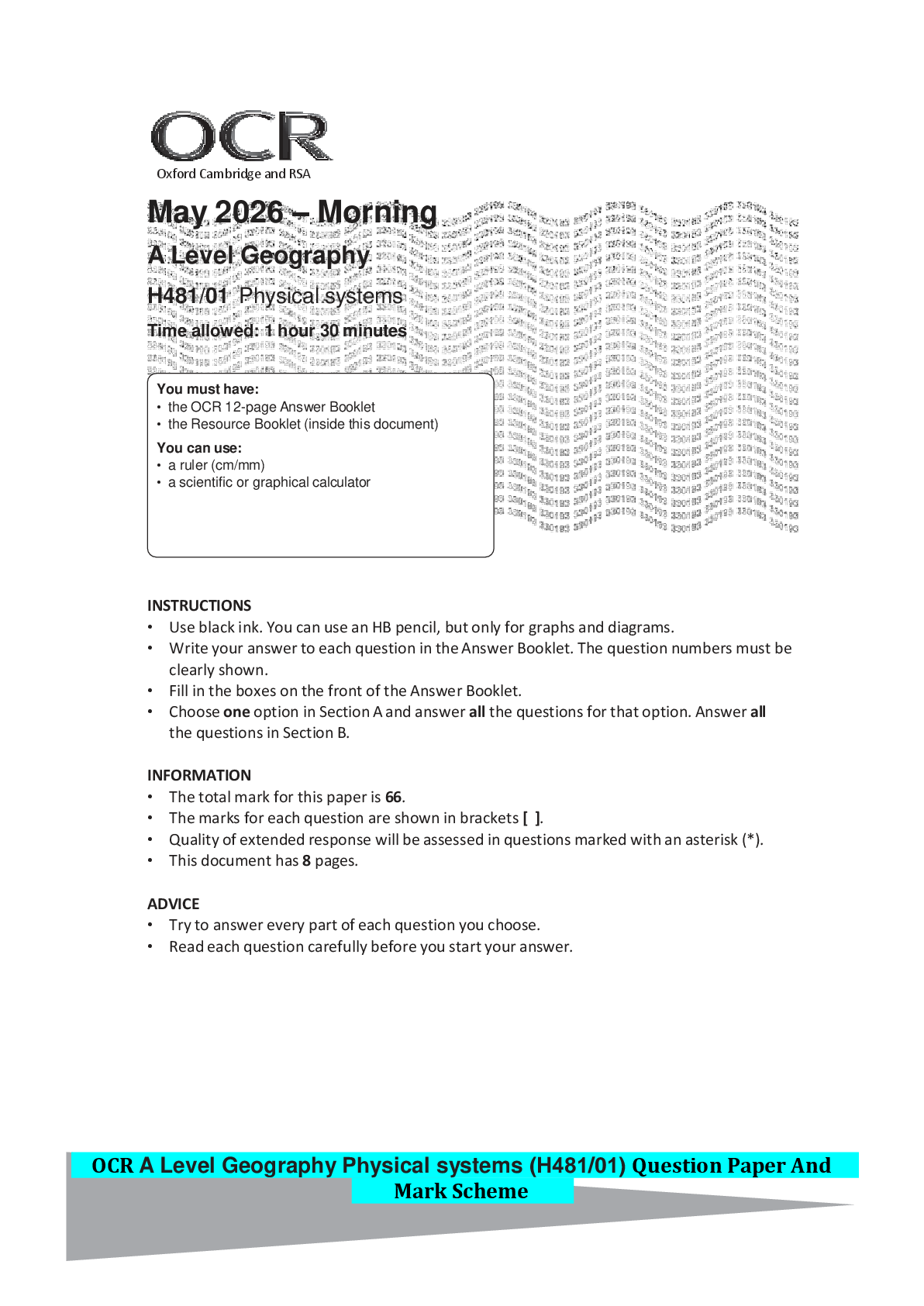 Preview of OCR A Level Geography Physical systems (H481/01) Question Paper And Mark Scheme