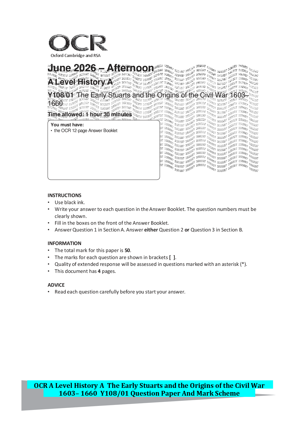 Recommended document preview for OCR A Level History A The Early Stuarts and the Origins of the Civil War 1603– 1660 Y108/01 Question Paper And Mark Scheme