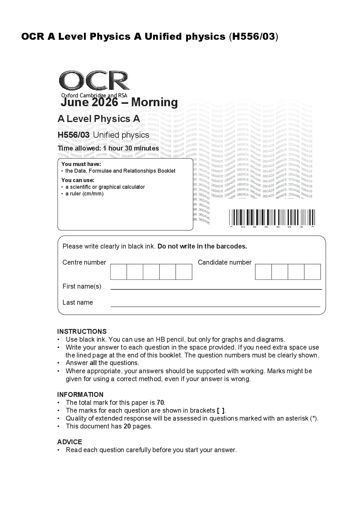 Recommended document preview for OCR A Level Physics A Unified physics (H556/03)