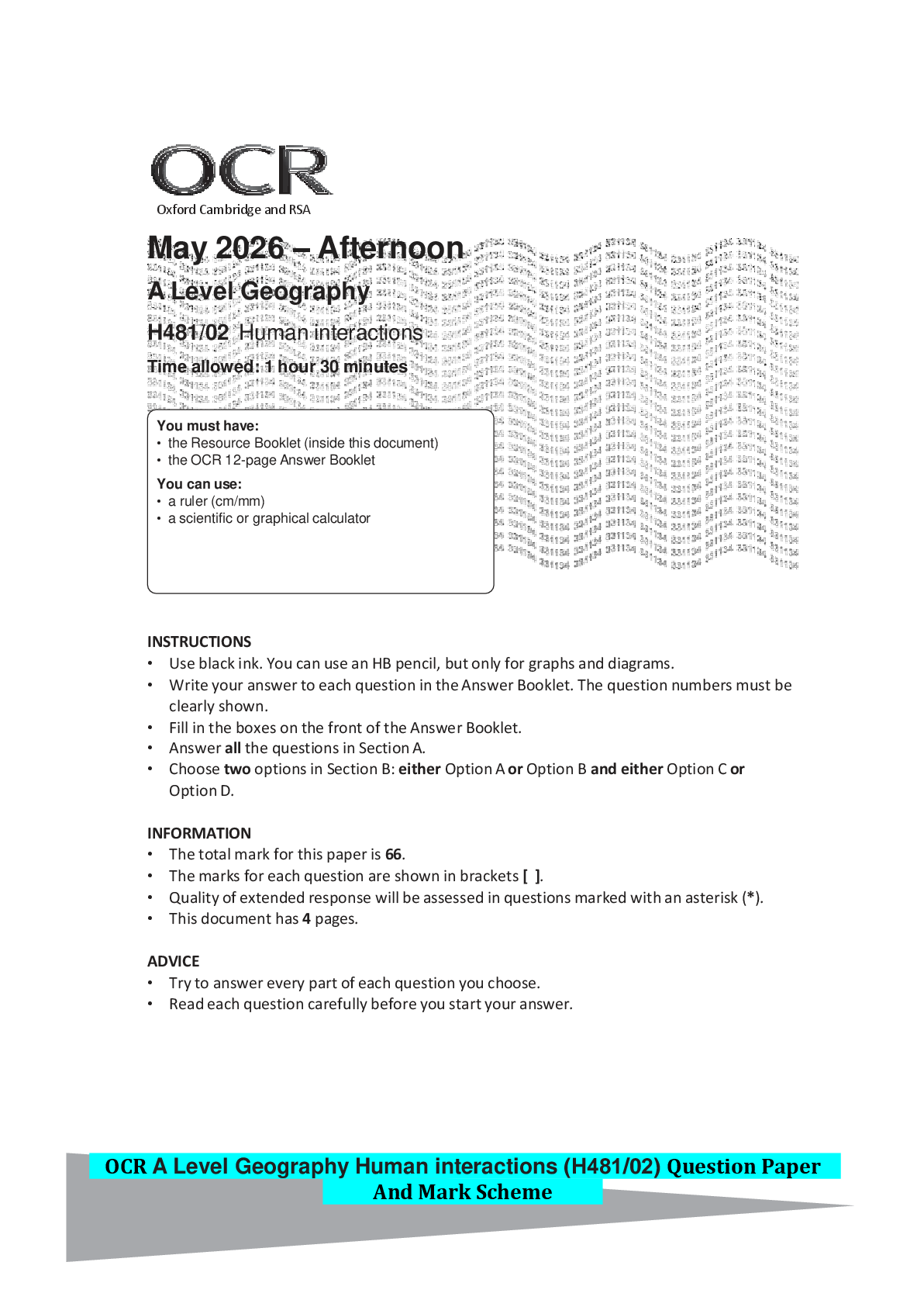 Preview of OCR A Level Geography Human interactions (H481/02) Question Paper And Mark Scheme