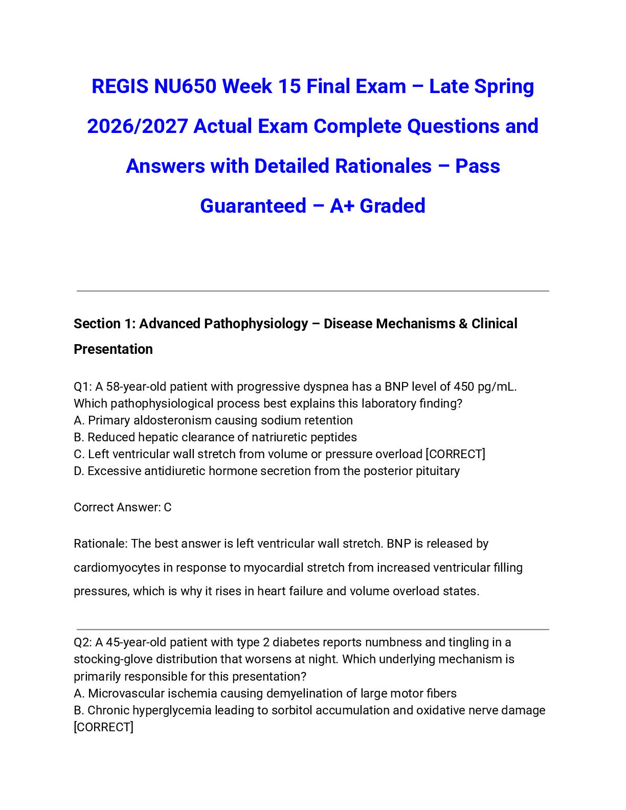 Preview of REGIS NU650 Week 15 Final Exam – Late Spring 2026/2027 Actual Exam Complete Questions and