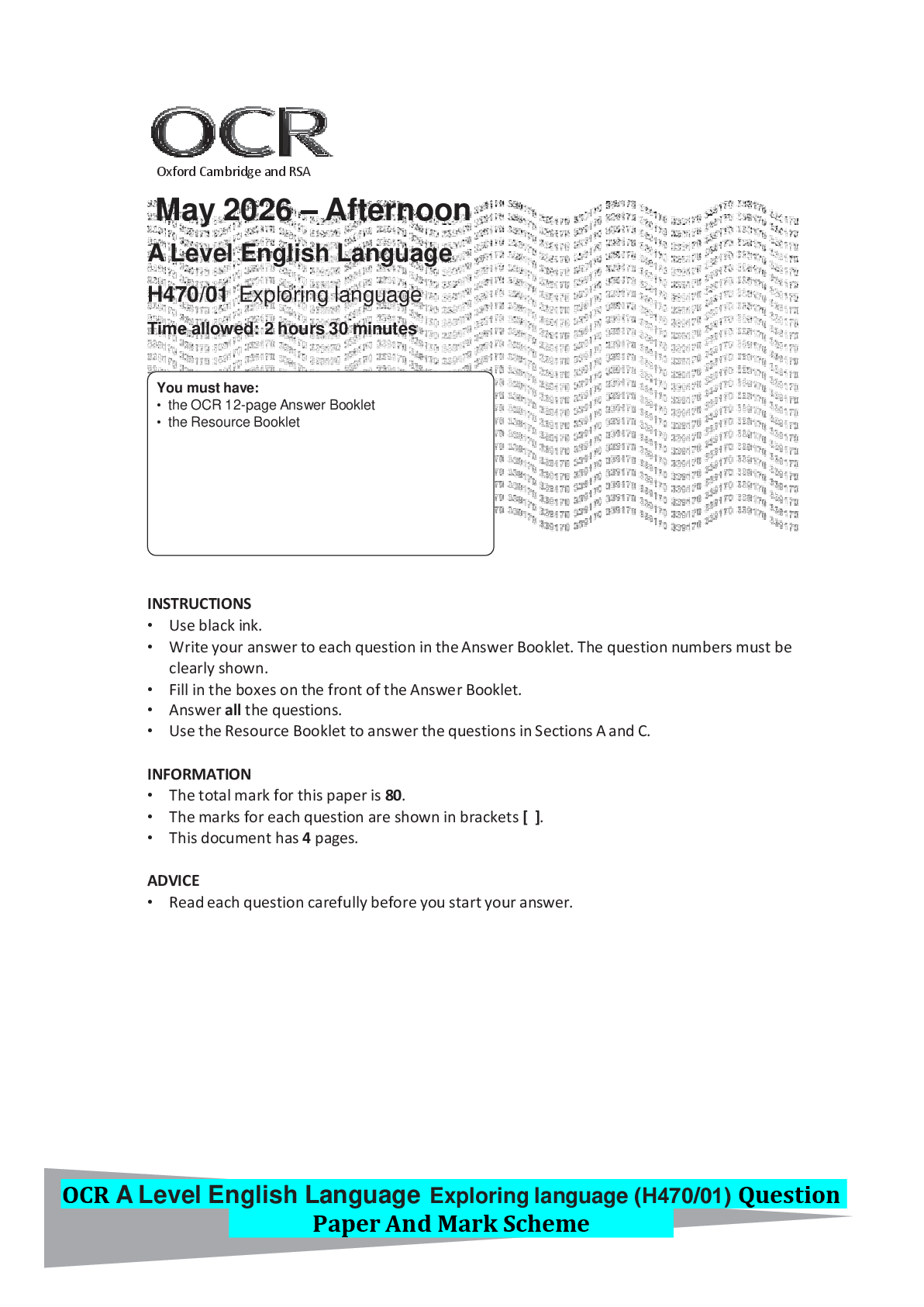 Preview of OCR A Level English Language Exploring language (H470/01) Question Paper And Mark Scheme