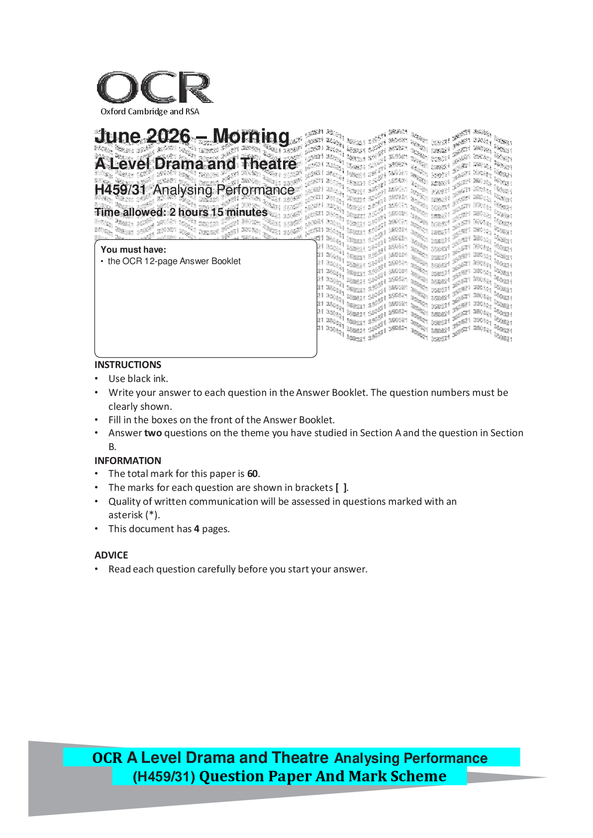 Recommended document preview for OCR A Level Drama and Theatre Analysing Performance (H459/31) Question Paper And Mark Scheme