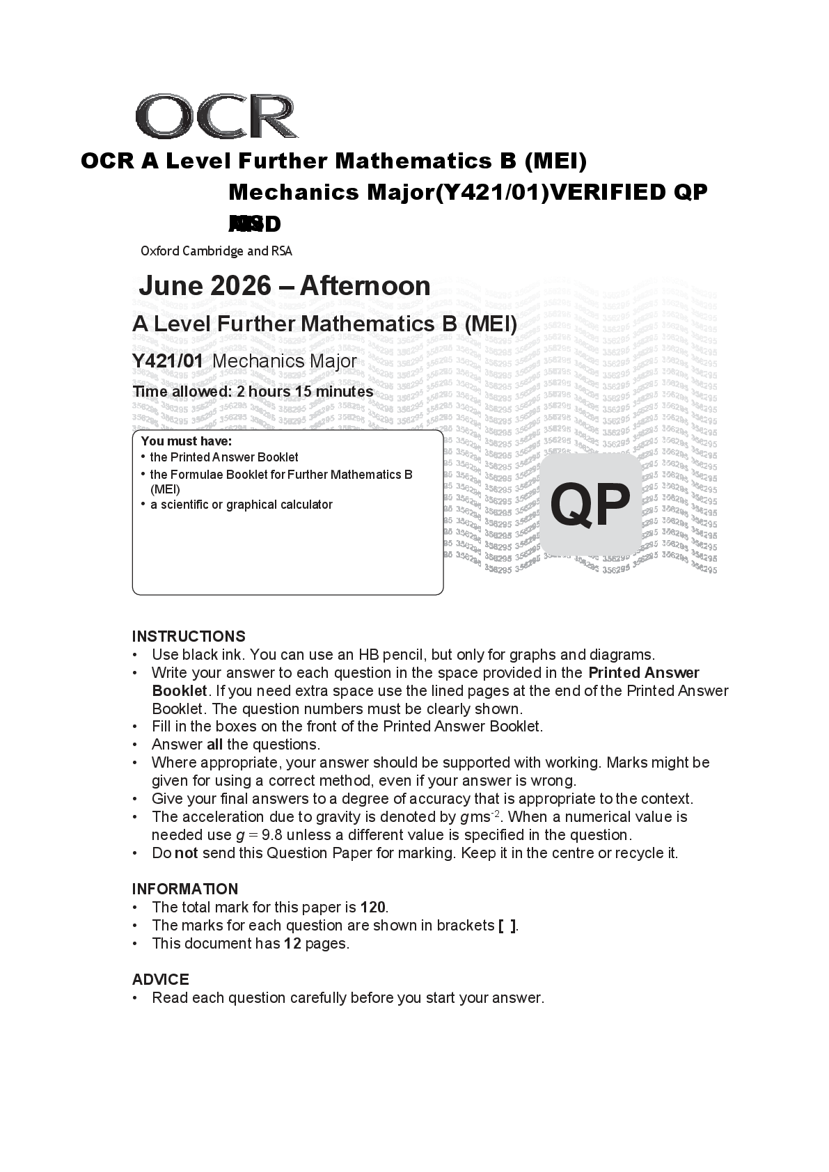 Preview of OCR A Level Further Mathematics B (MEI) Mechanics Major (Y421/01) Question Paper And Mark