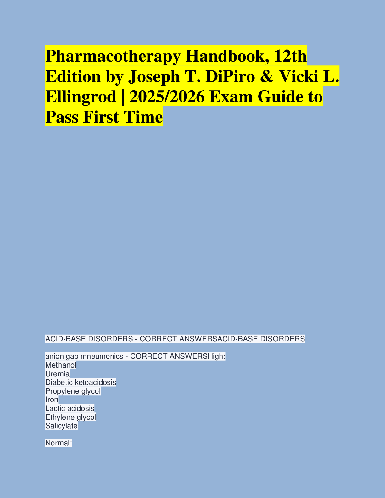Recommended document preview for Pharmacotherapy Handbook, 12th  Edition by Joseph T. DiPiro & Vicki L.  Ellingrod | 2025/2026 Exam Guide to  Pass First Time