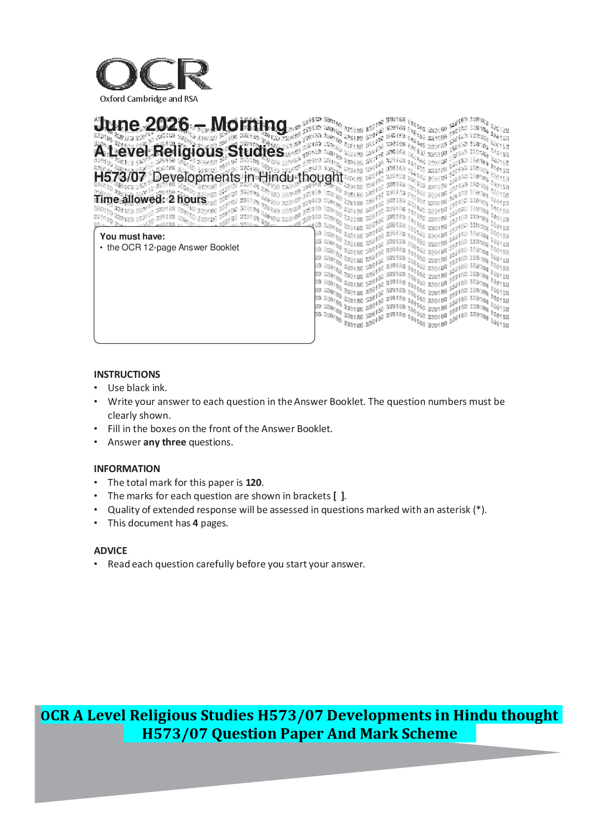 Recommended document preview for OCR A Level Religious Studies H573/07 Developments in Hindu thought H573/07 Question Paper And Mark Scheme