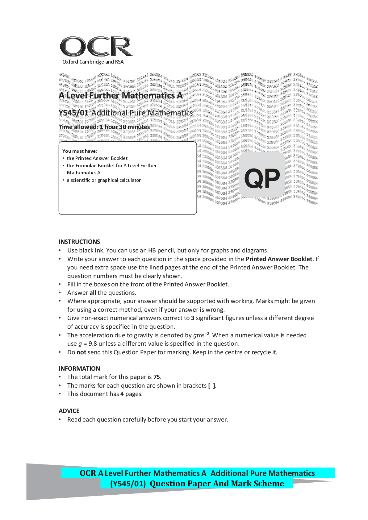 Recommended document preview for OCR A Level Further Mathematics A Additional Pure Mathematics (Y545/01) Question Paper And Mark Scheme