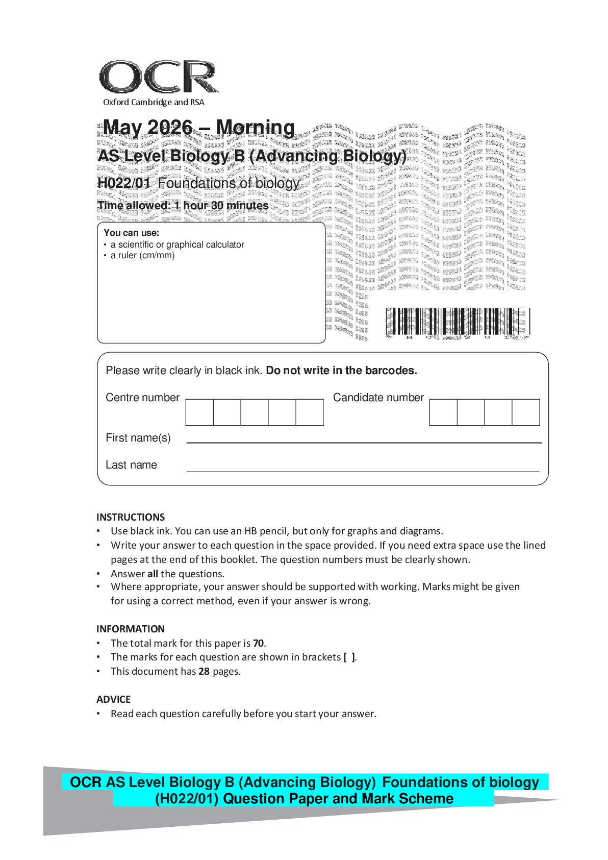 Recommended document preview for OCR AS Level Biology B (Advancing Biology) Foundations of biology (H022/01) Question Paper and Mark Schem