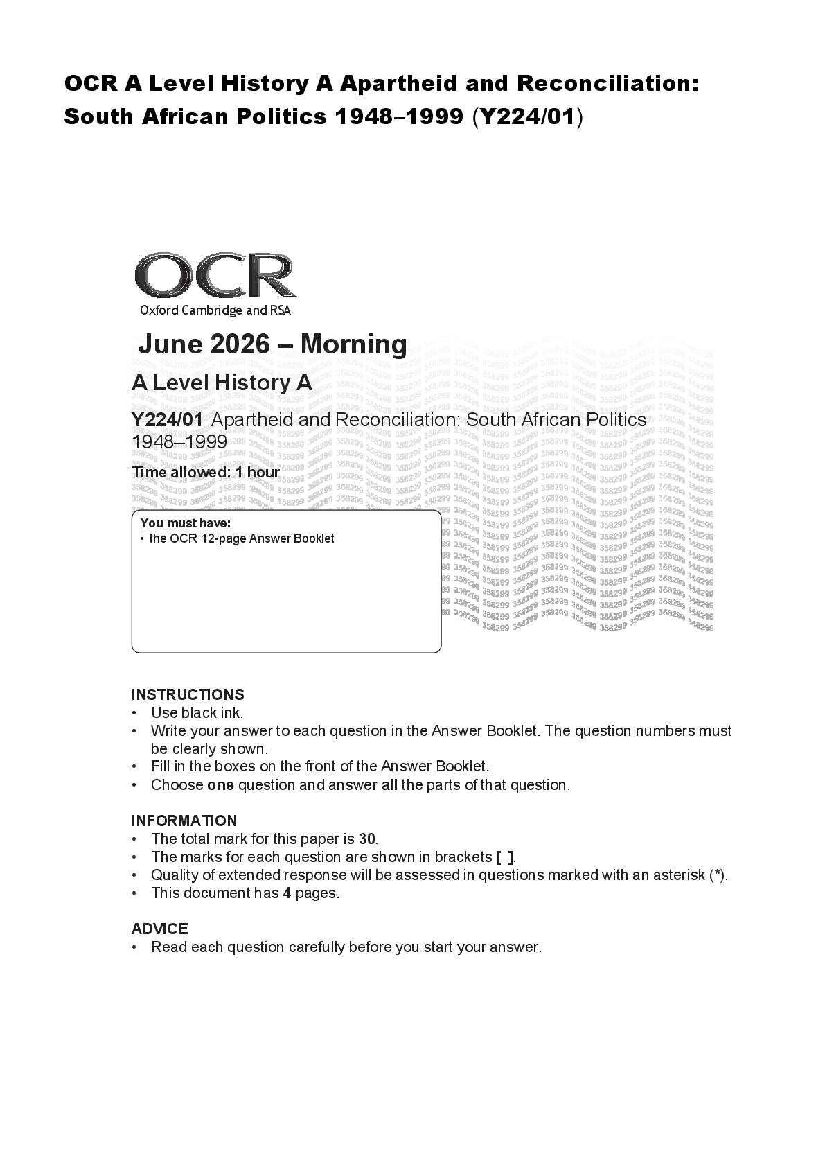 Preview image for OCR A Level History A Apartheid and Reconciliation: South African Politics 1948–1999 (Y224/01)
