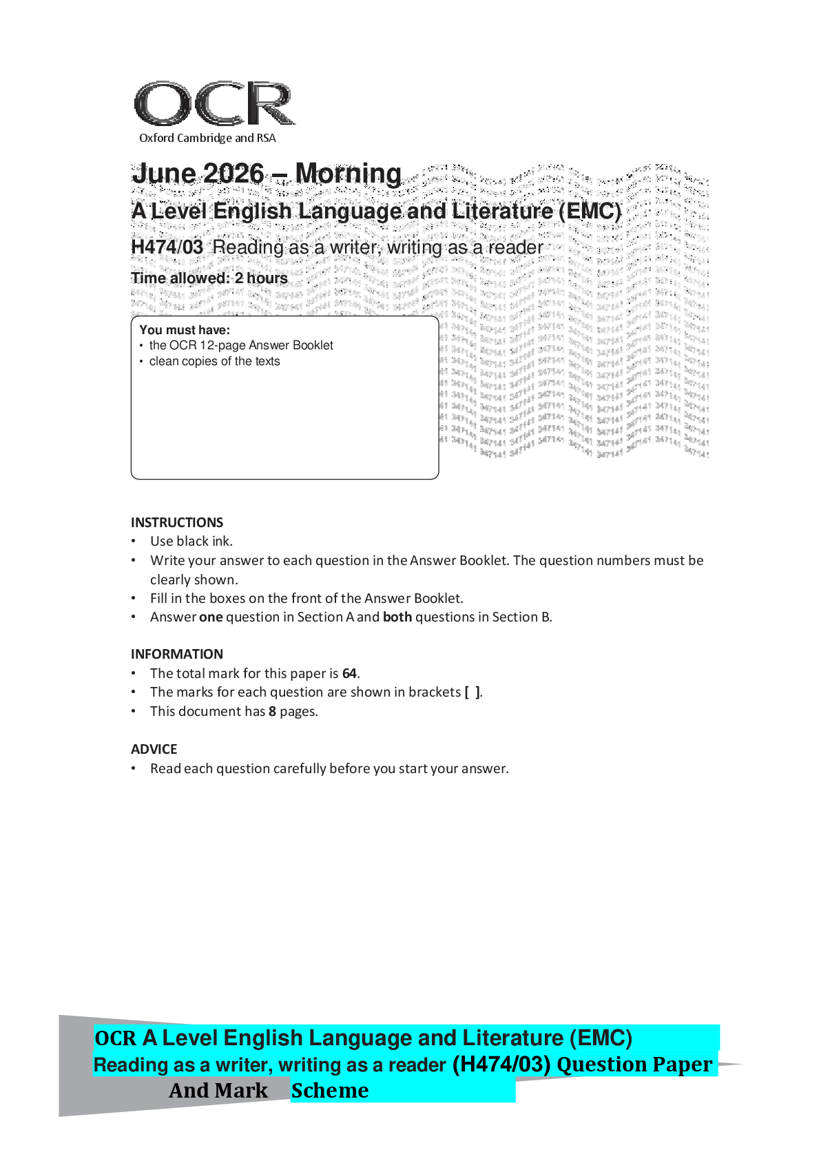Preview image for Reading OCR A Level English Language and Literature (EMC)  as a writer, writing as a reader (H474/03) Question Paper And Mark Scheme