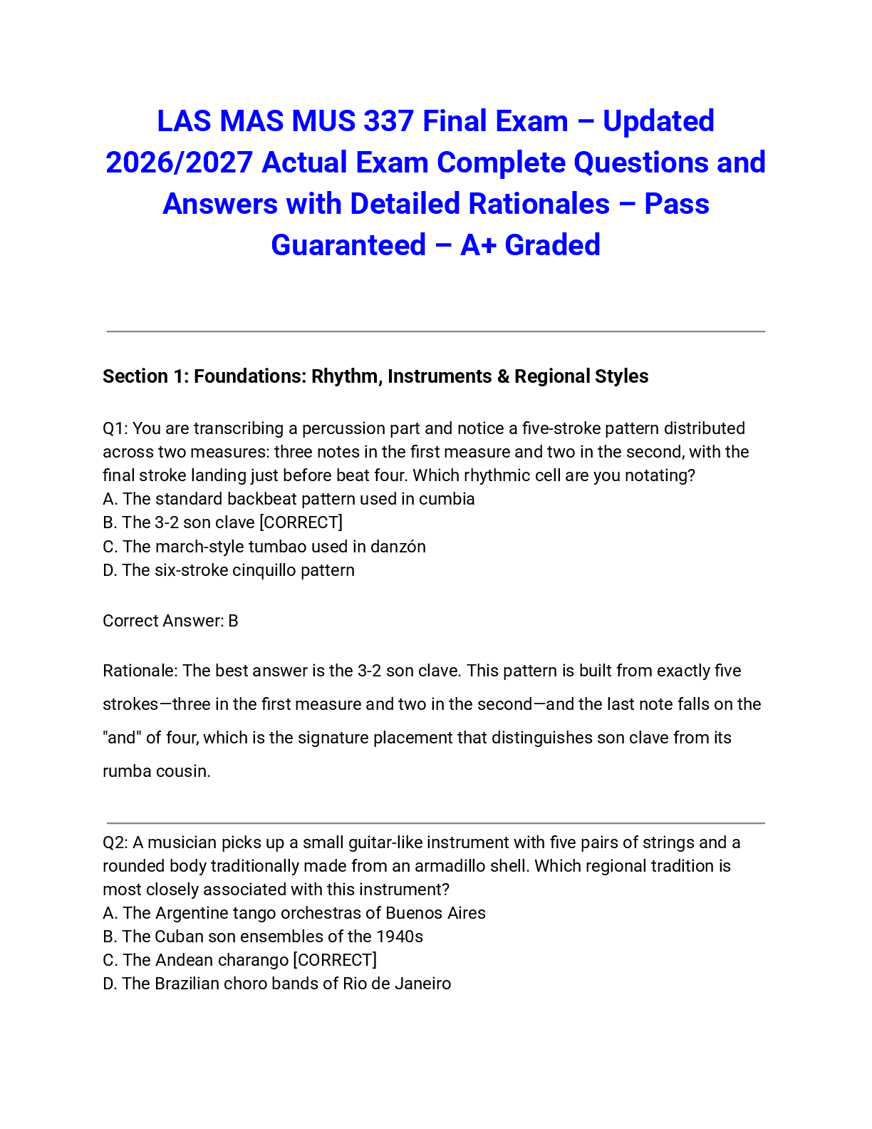 Recommended document preview for LAS MAS MUS 337 Final Exam – Updated 2026/2027 Actual Exam Complete Questions and Answers with Detailed Rationales – Pass Guaranteed – A+ Graded