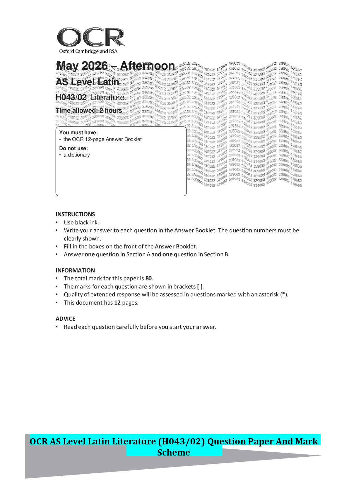 Preview of OCR AS Level Latin Literature (H043/02) Question Paper And Mark Scheme