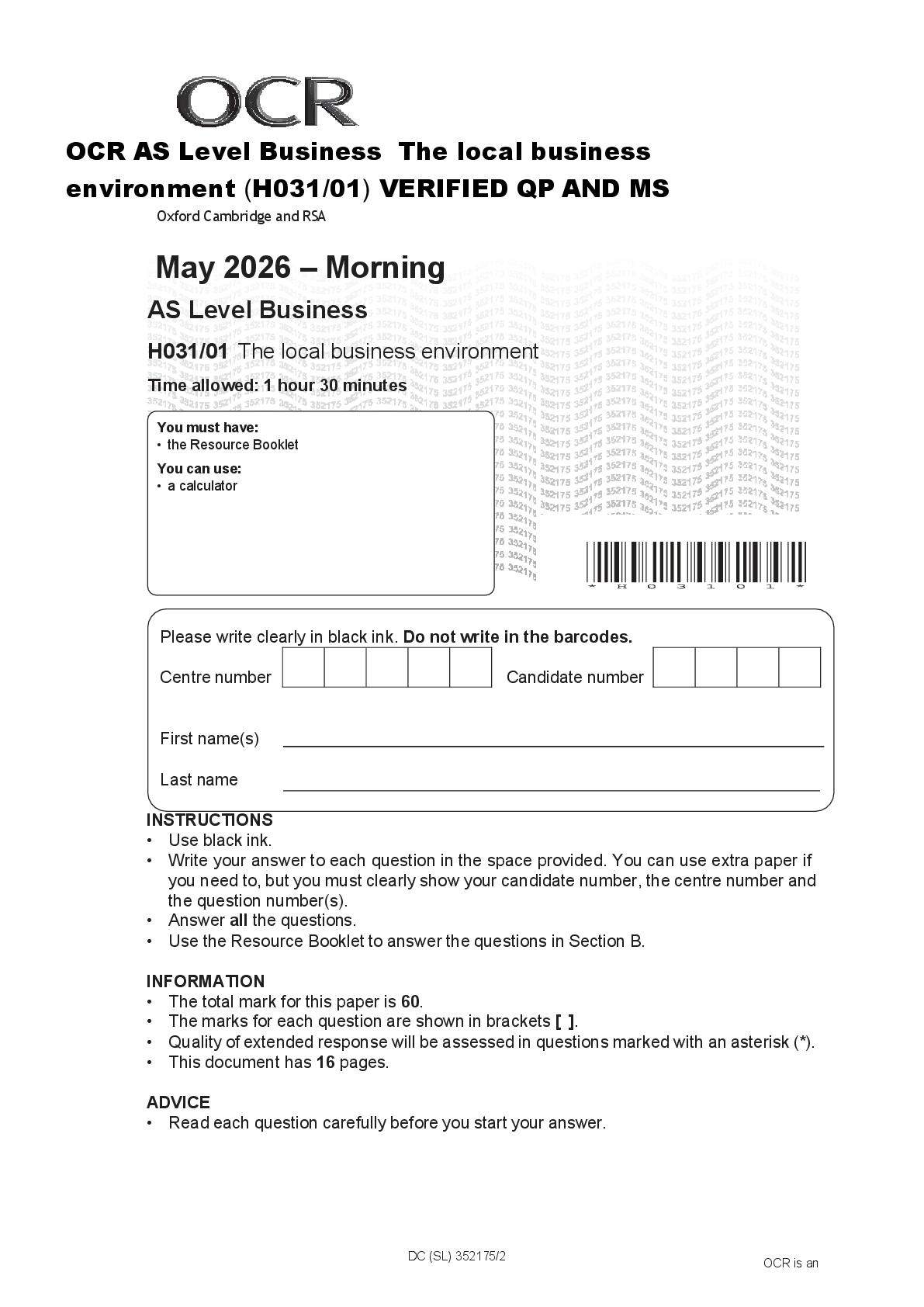 Recommended document preview for OCR AS Level Business The local business environment (H031/01) VERIFIED QP AND MS