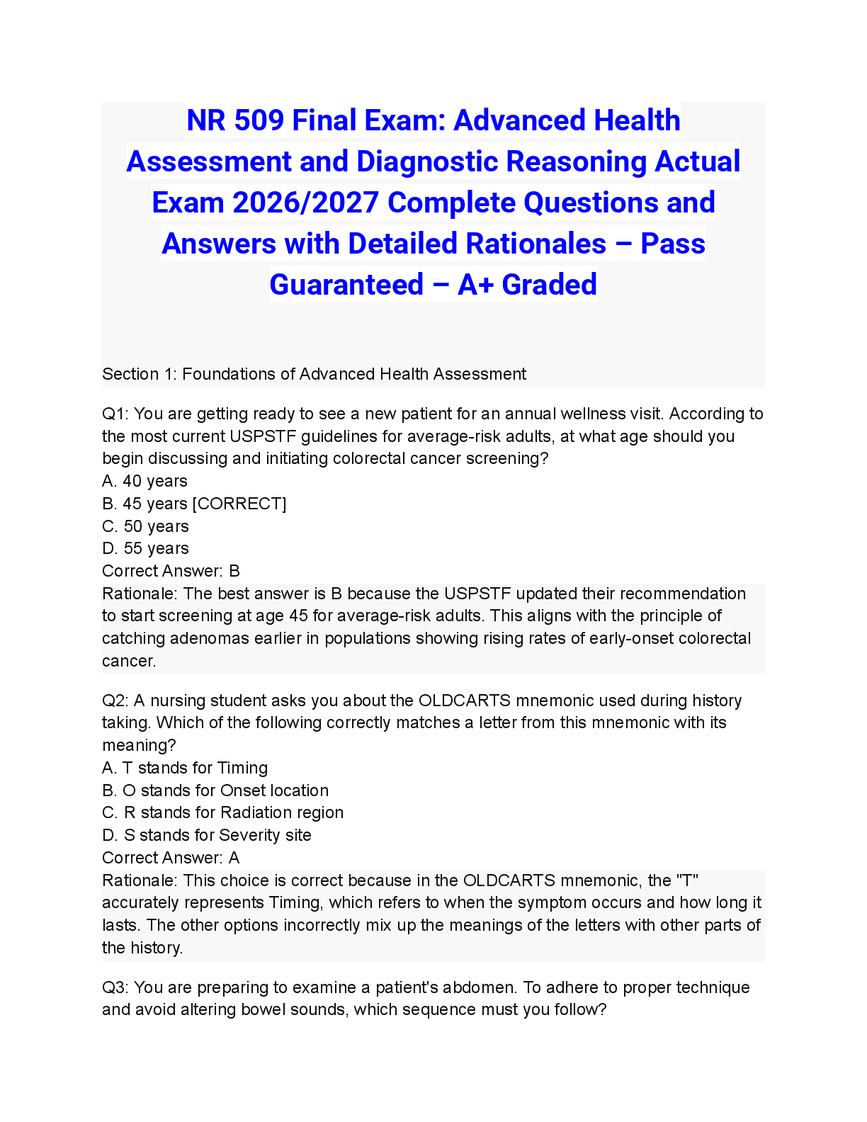 Recommended document preview for NR 509 Final Exam: Advanced Health Assessment and Diagnostic Reasoning Actual Exam 2026/2027 Complete Questions and Answers with Detailed Rationales – Pass Guaranteed – A+ Graded