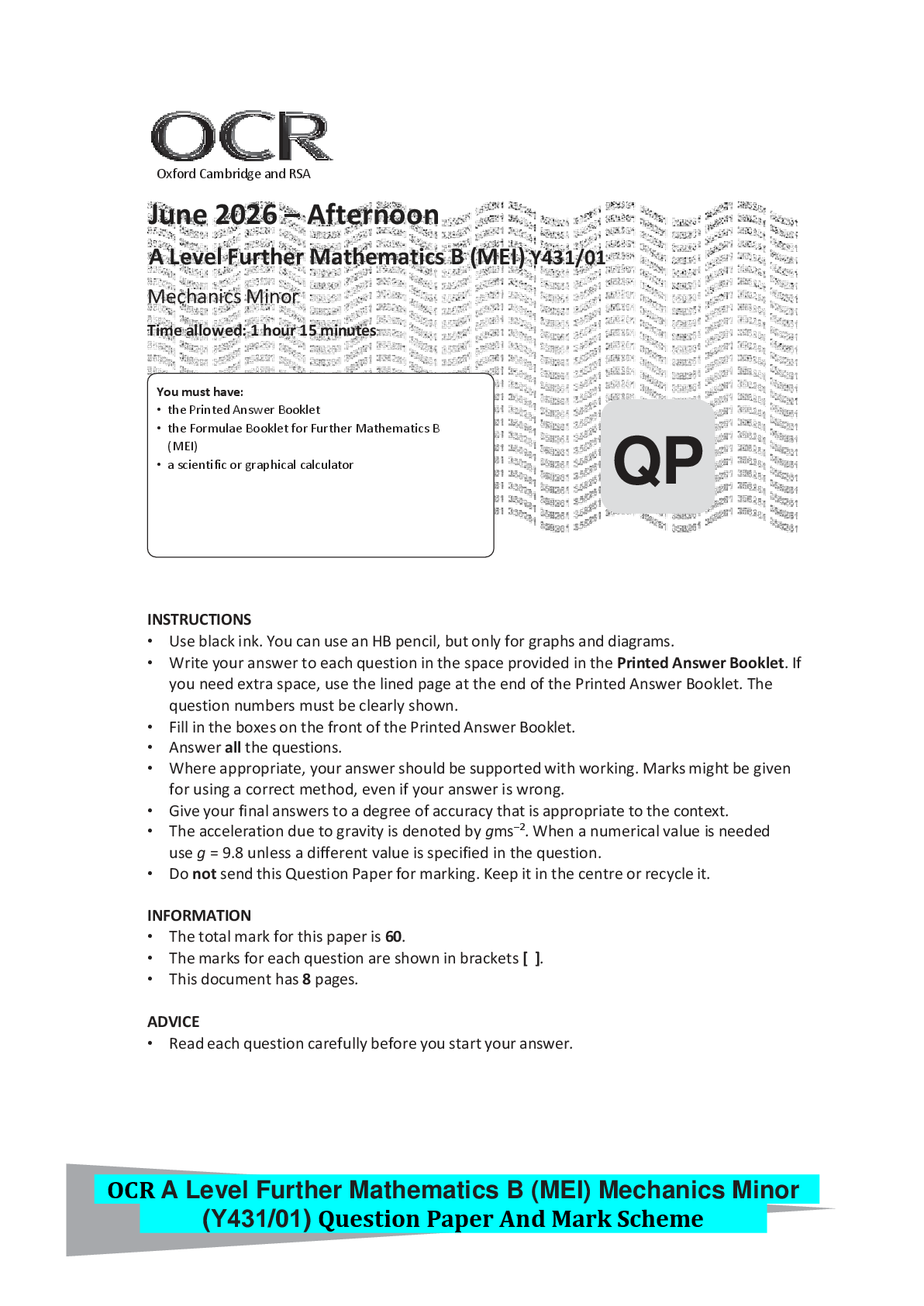 Preview of OCR A Level Further Mathematics B (MEI) Mechanics Major(Y421/01)VERIFIED QP