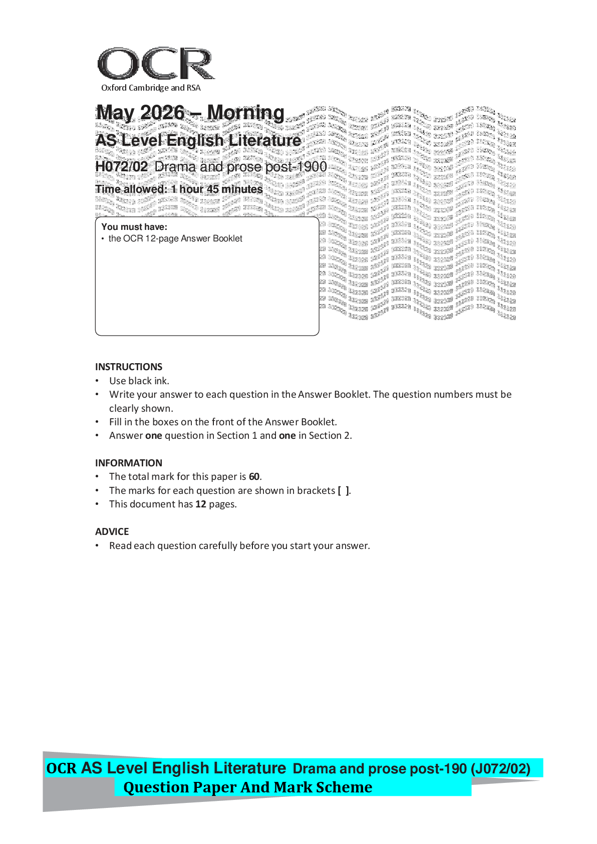 Preview of OCR AS Level English Literature Drama and prose post-190 (J072/02)  Question Paper And Mar