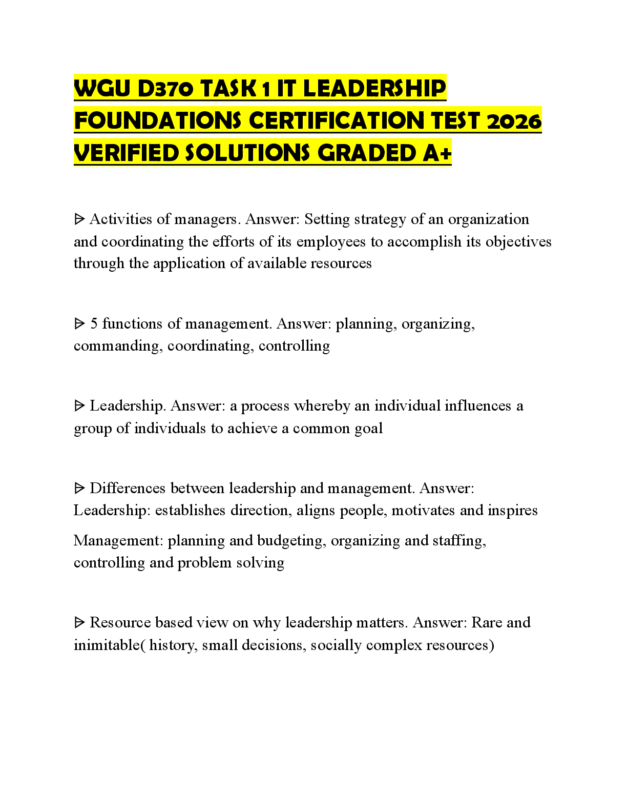 Preview of WGU D370 TASK 1 IT LEADERSHIP FOUNDATIONS CERTIFICATION TEST 2026 VERIFIED SOLUTIONS GRADED A+