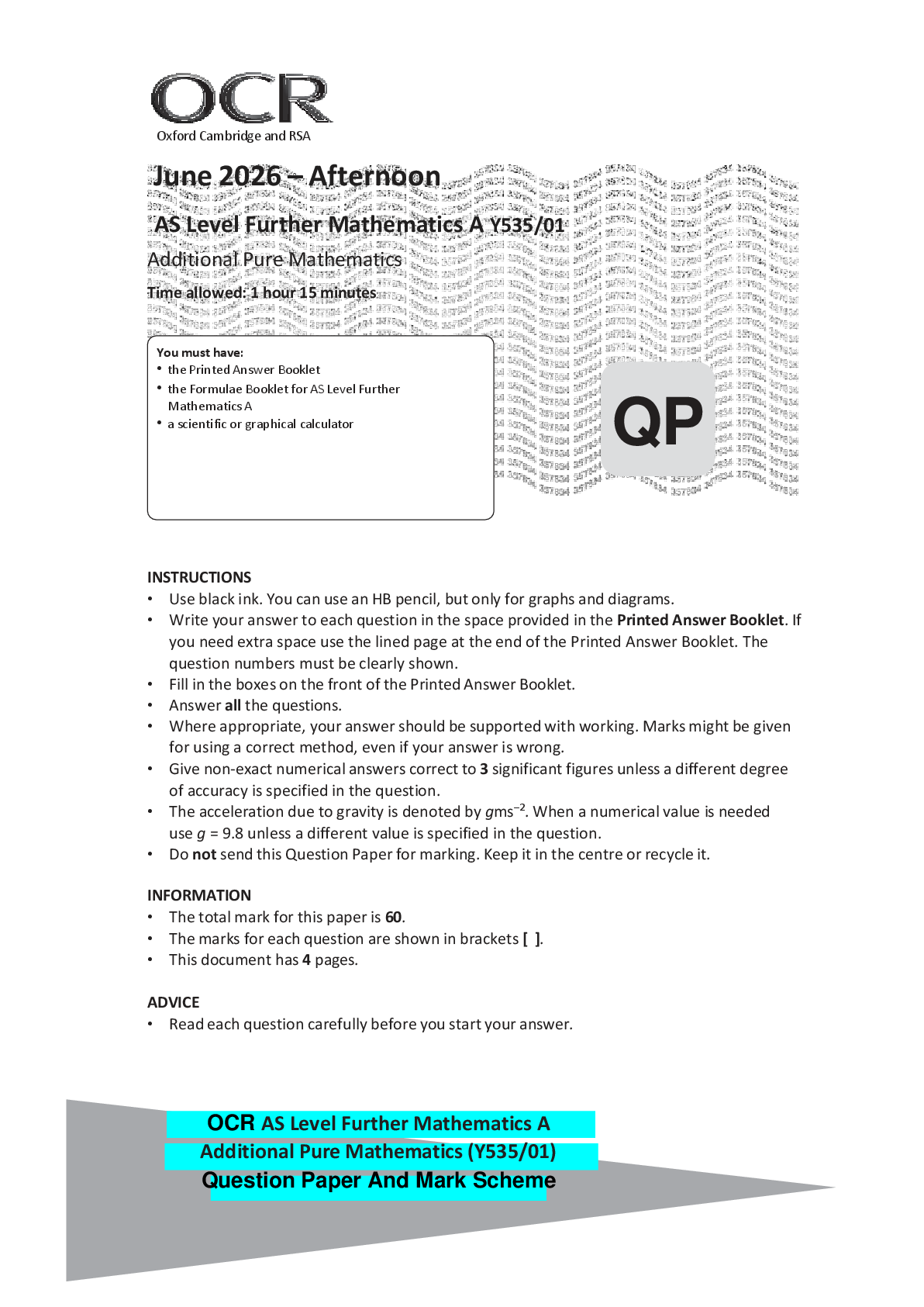 Recommended document preview for OCR AS Level Further Mathematics A Additional Pure Mathematics (Y535/01) Question Paper And Mark Scheme