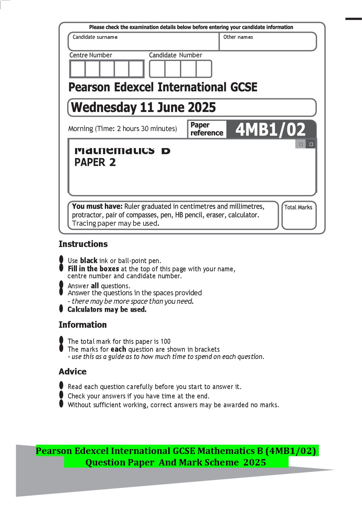 Preview image for Pearson Edexcel International GCSE Mathematics A Modular (4WM2H/01) Question Paper And Mark Scheme 2025