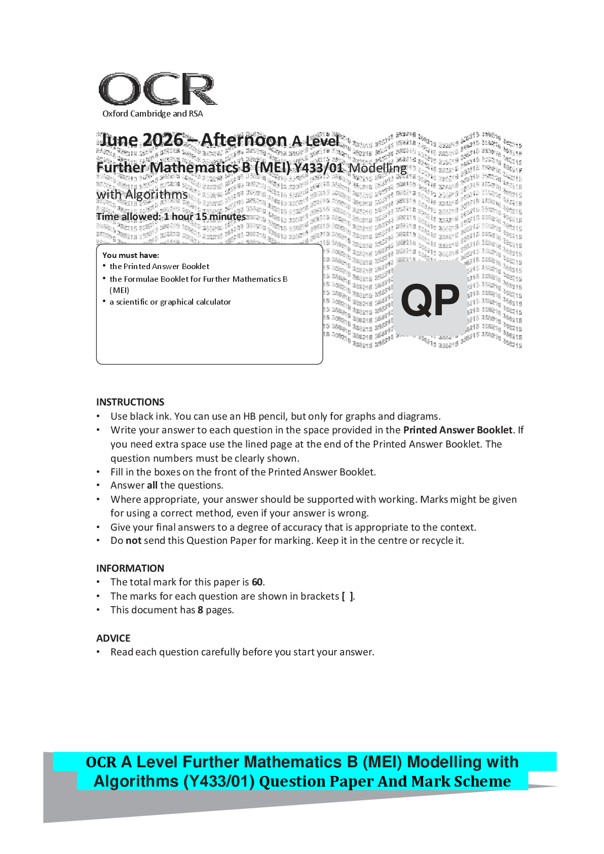 Preview of OCR A Level Further Mathematics B (MEI) Modelling with Algorithms (Y433/01) Question Paper
