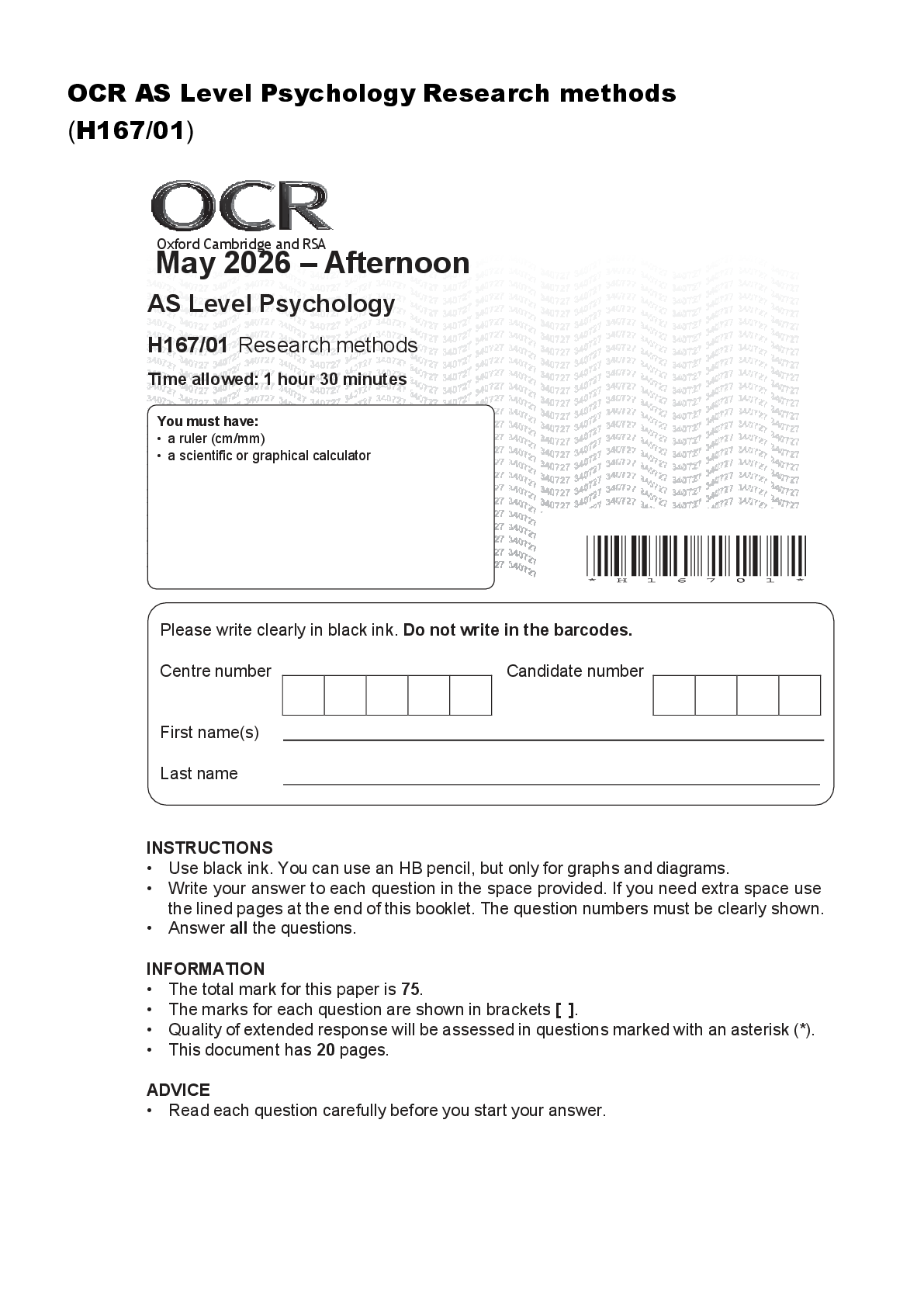 Recommended document preview for OCR AS Level Psychology Research methods (H167/01