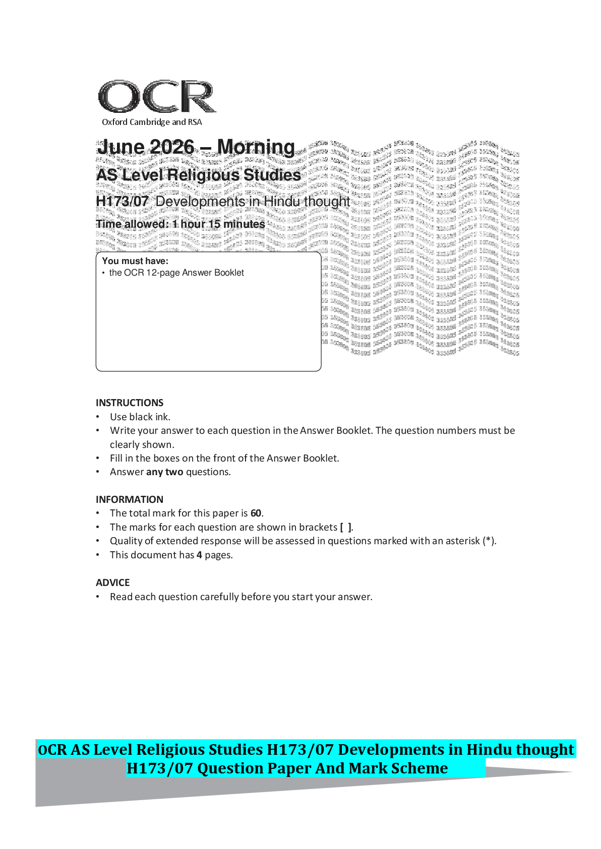 Preview of OCR AS Level Religious Studies H173/07 Developments in Hindu thought H173/07 Question Pape