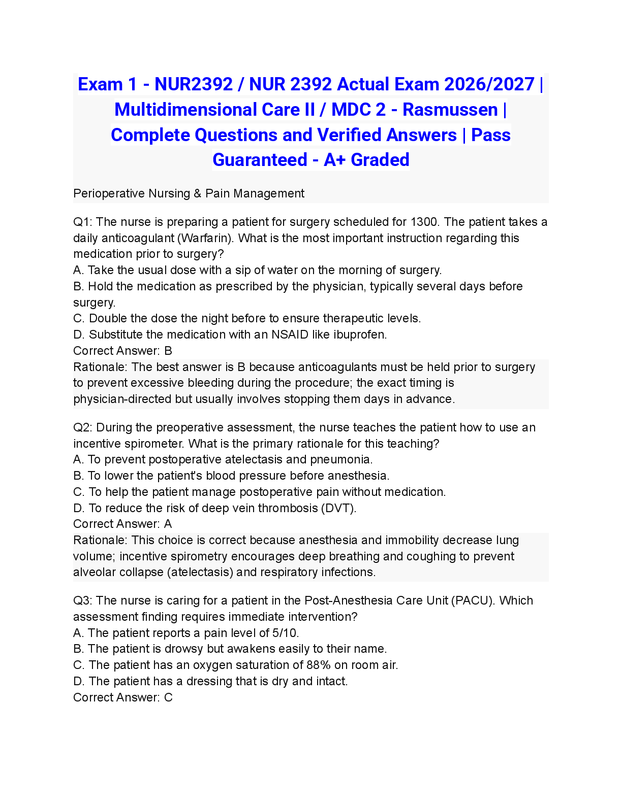 Recommended document preview for Exam 1 - NUR2392 / NUR 2392 Actual Exam 2026/2027 | Multidimensional Care II / MDC 2 - Rasmussen | Complete Questions and Verified Answers | Pass Guaranteed - A+ Graded