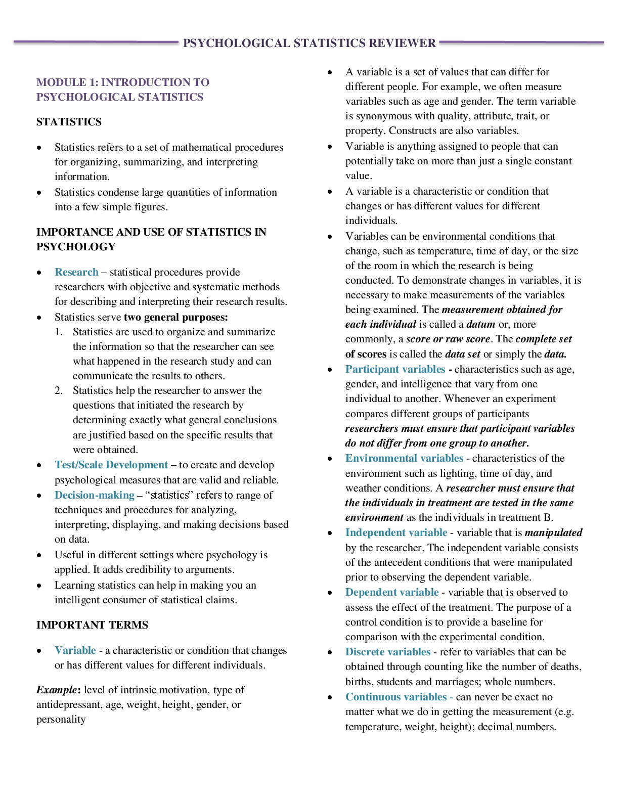 Recommended document preview for PSY 221E PSYCHOLOGICAL STATISTICS REVIEWER MODULE 1: INTRODUCTION TO PSYCHOLOGICAL STATISTICS