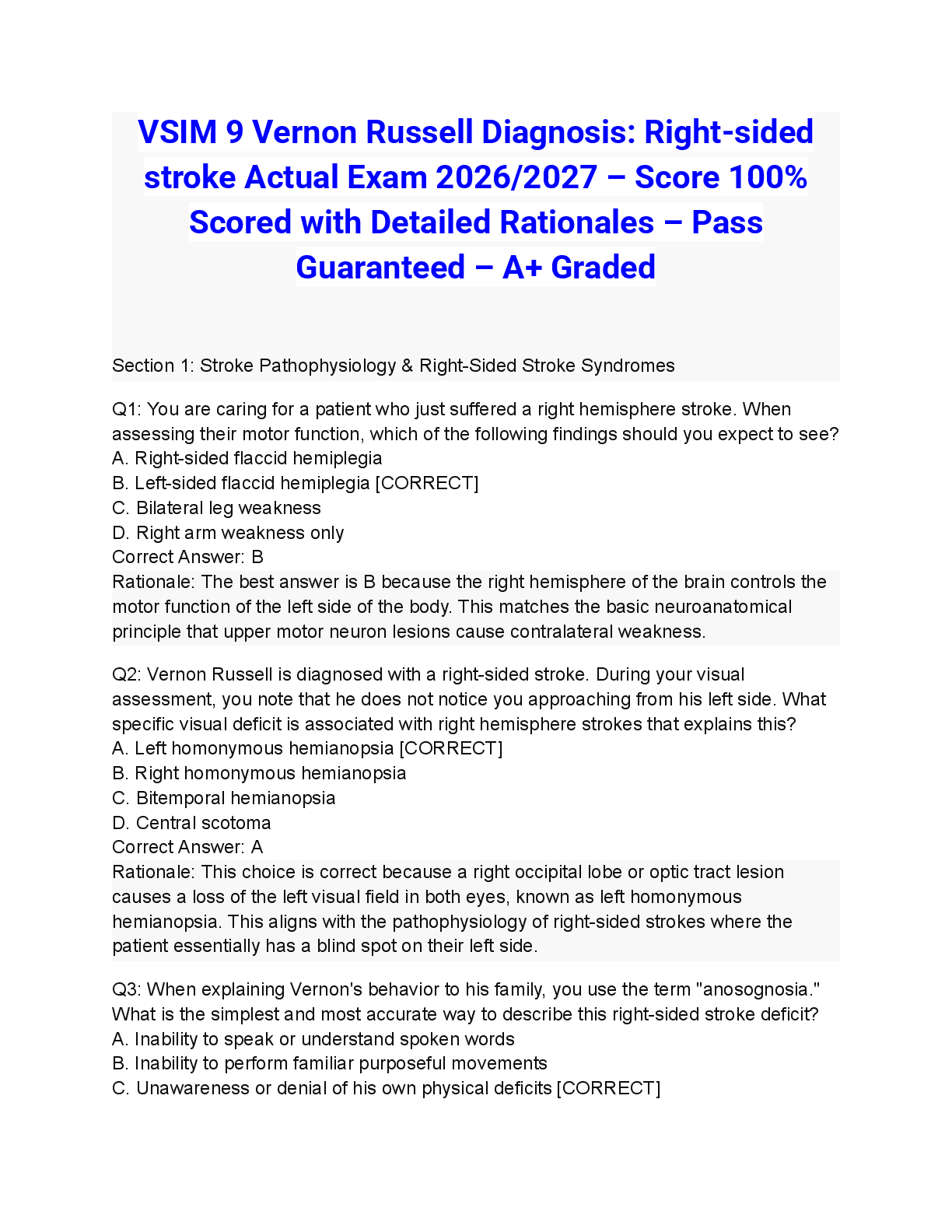 Recommended document preview for VSIM 9 Vernon Russell Diagnosis: Right-sided stroke Actual Exam 2026/2027 – Score 100% Scored with Detailed Rationales – Pass Guaranteed – A+ Graded