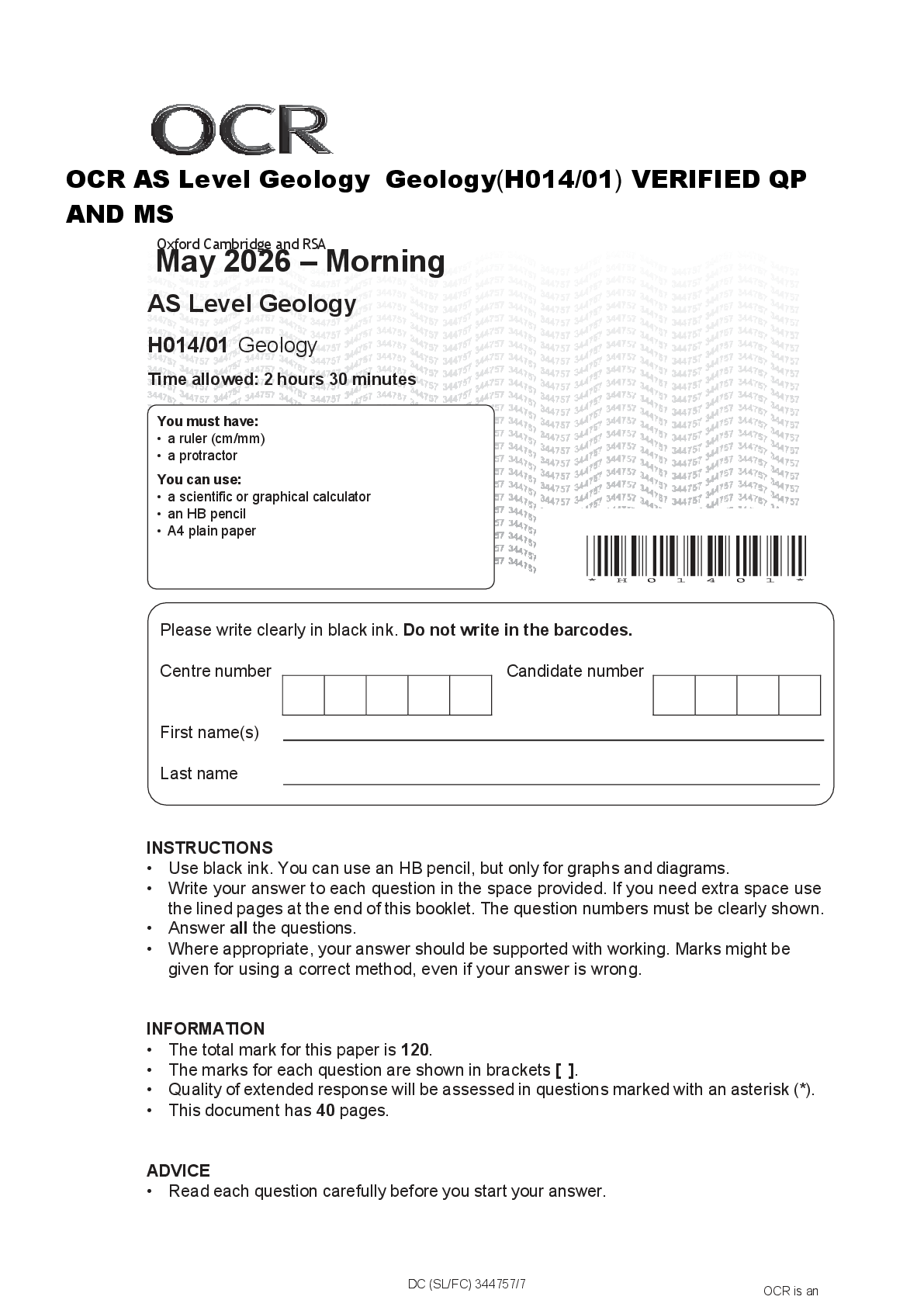 Recommended document preview for OCR AS Level Geology Geology(H014/01) VERIFIED QP AND MS