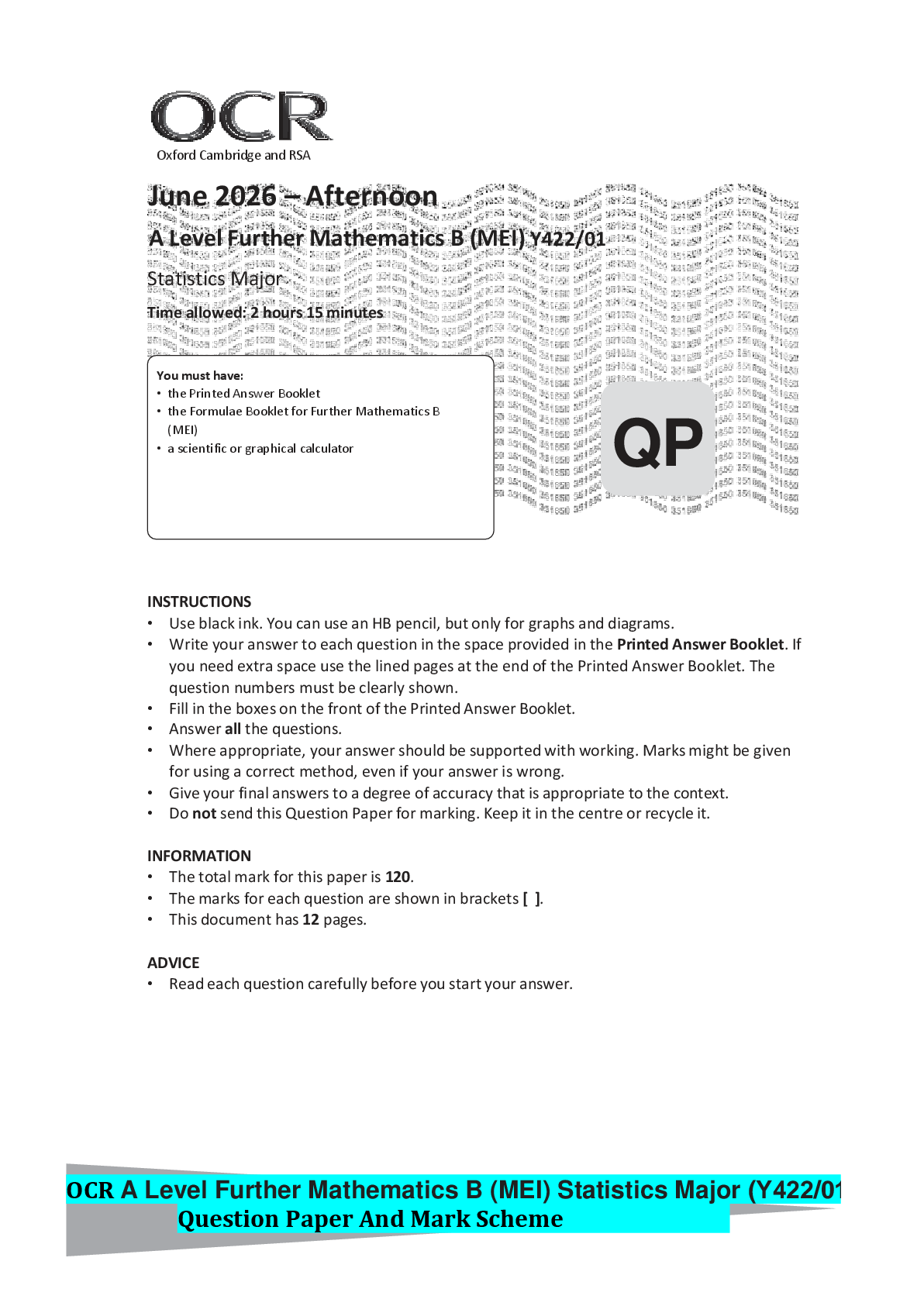 Preview of OCR A Level Further Mathematics B (MEI) Statistics Major (Y422/01) Question Paper And Mark