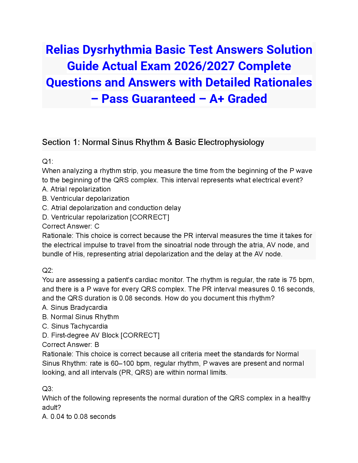 Recommended document preview for Relias Dysrhythmia Basic Test Answers Solution Guide Actual Exam 2026/2027 Complete Questions and Answers with Detailed Rationales – Pass Guaranteed – A+ Graded