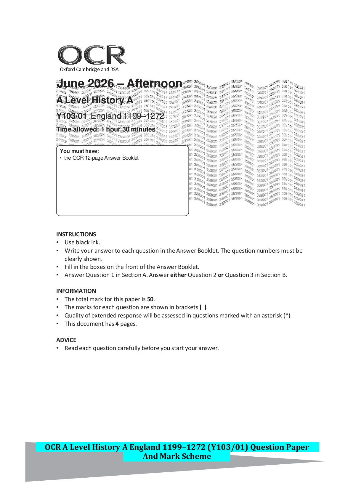 Recommended document preview for OCR A Level History A England 1199–1272 (Y103/01) Question Paper And Mark Scheme