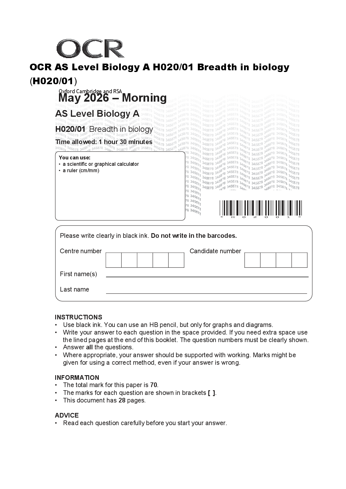 Preview image for OCR AS Level Biology A H020/01 Breadth in biology (H020/01)