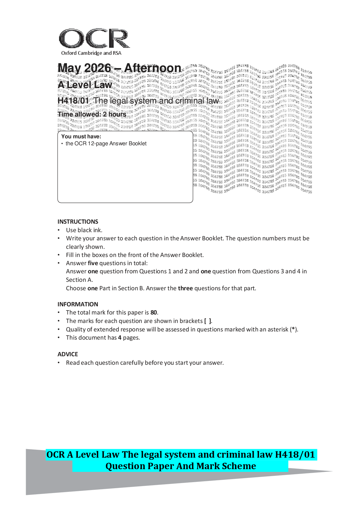 Preview of OCR A Level Law The legal system and criminal law H418/01 Question Paper And Mark Scheme