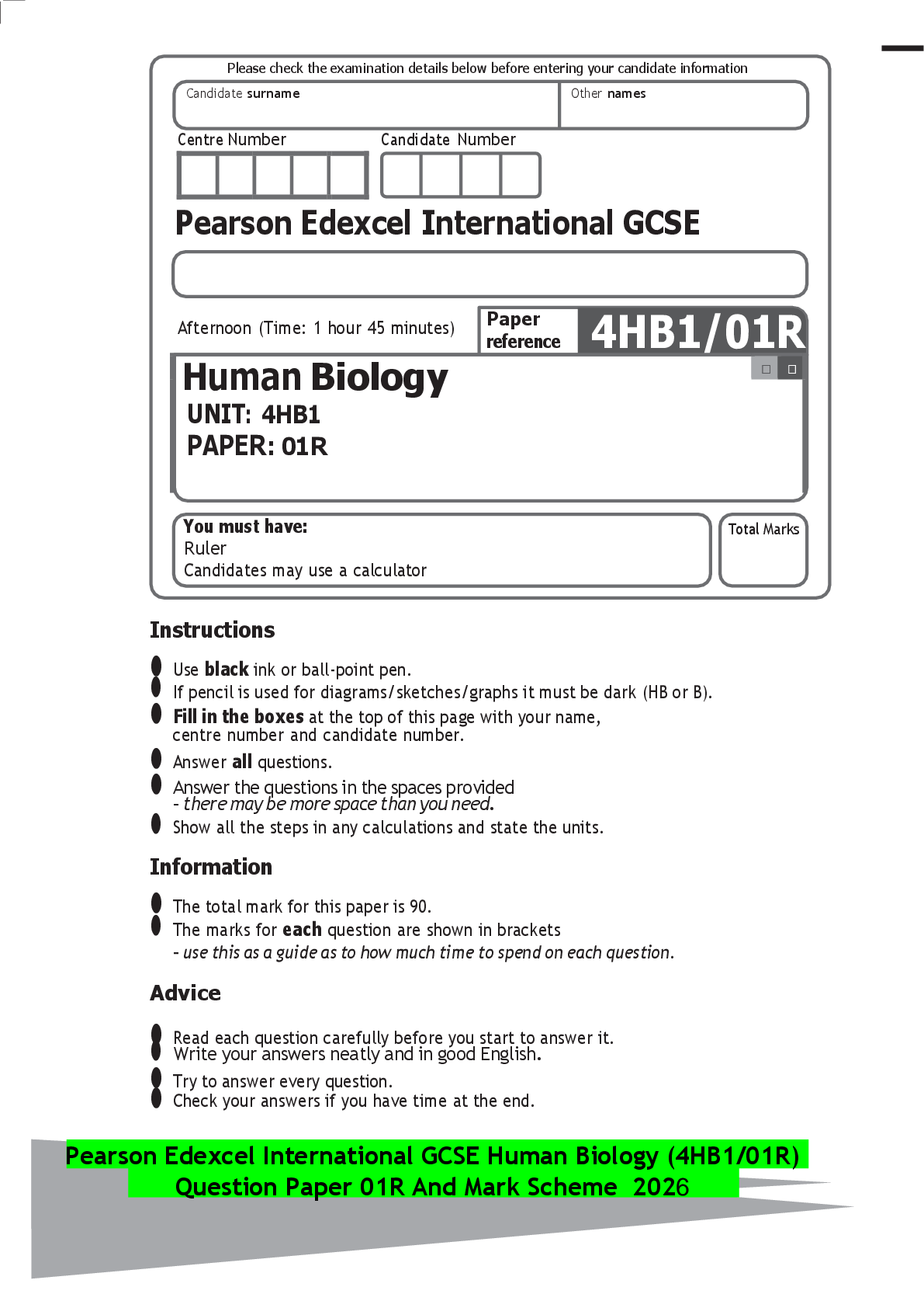 Recommended document preview for Pearson Edexcel International GCSE Human Biology (4HB1/01R) Question Paper 01R And Mark Scheme 2026