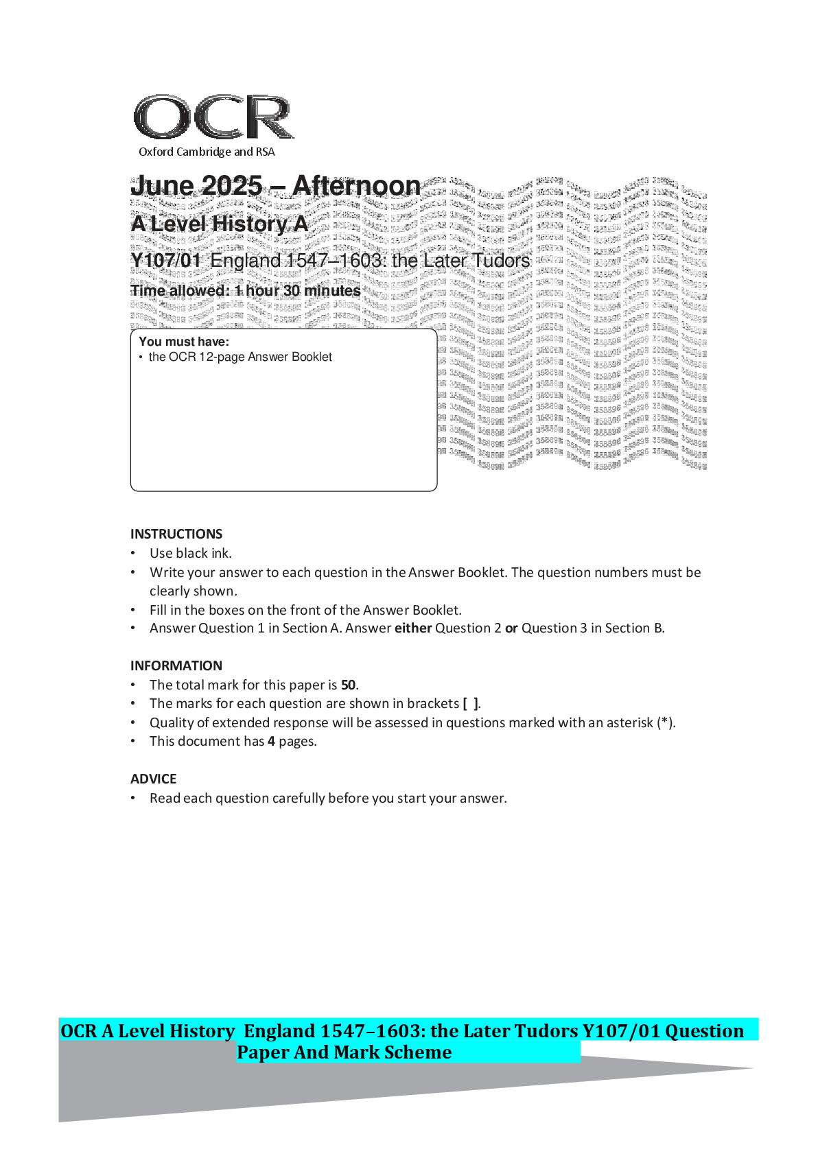 Recommended document preview for OCR A Level History England 1547–1603: the Later Tudors Y107/01 Question Paper And Mark Scheme