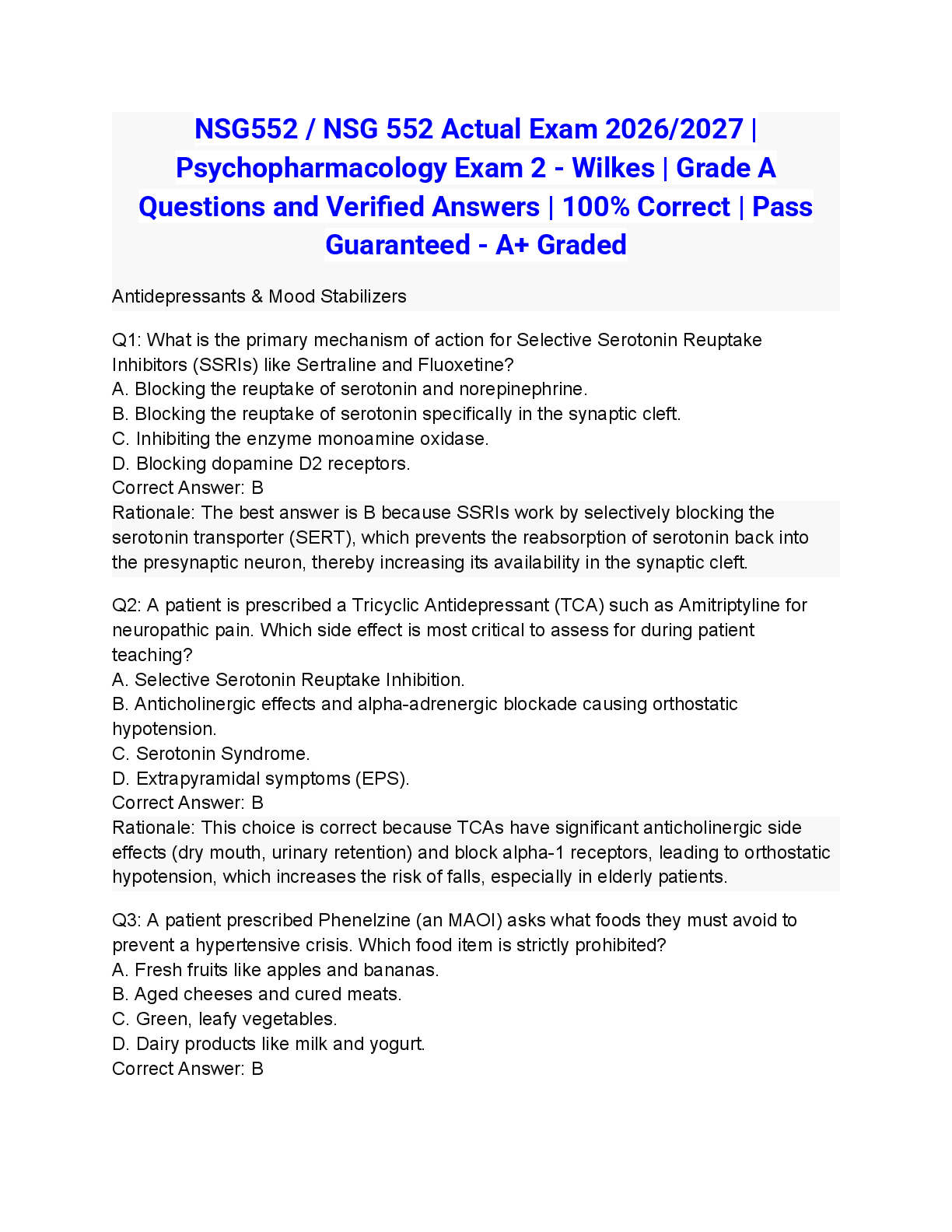Recommended document preview for NSG552 / NSG 552 Actual Exam 2026/2027 | Psychopharmacology Exam 2 - Wilkes | Grade A Questions and Verified Answers | 100% Correct | Pass Guaranteed - A+ Graded