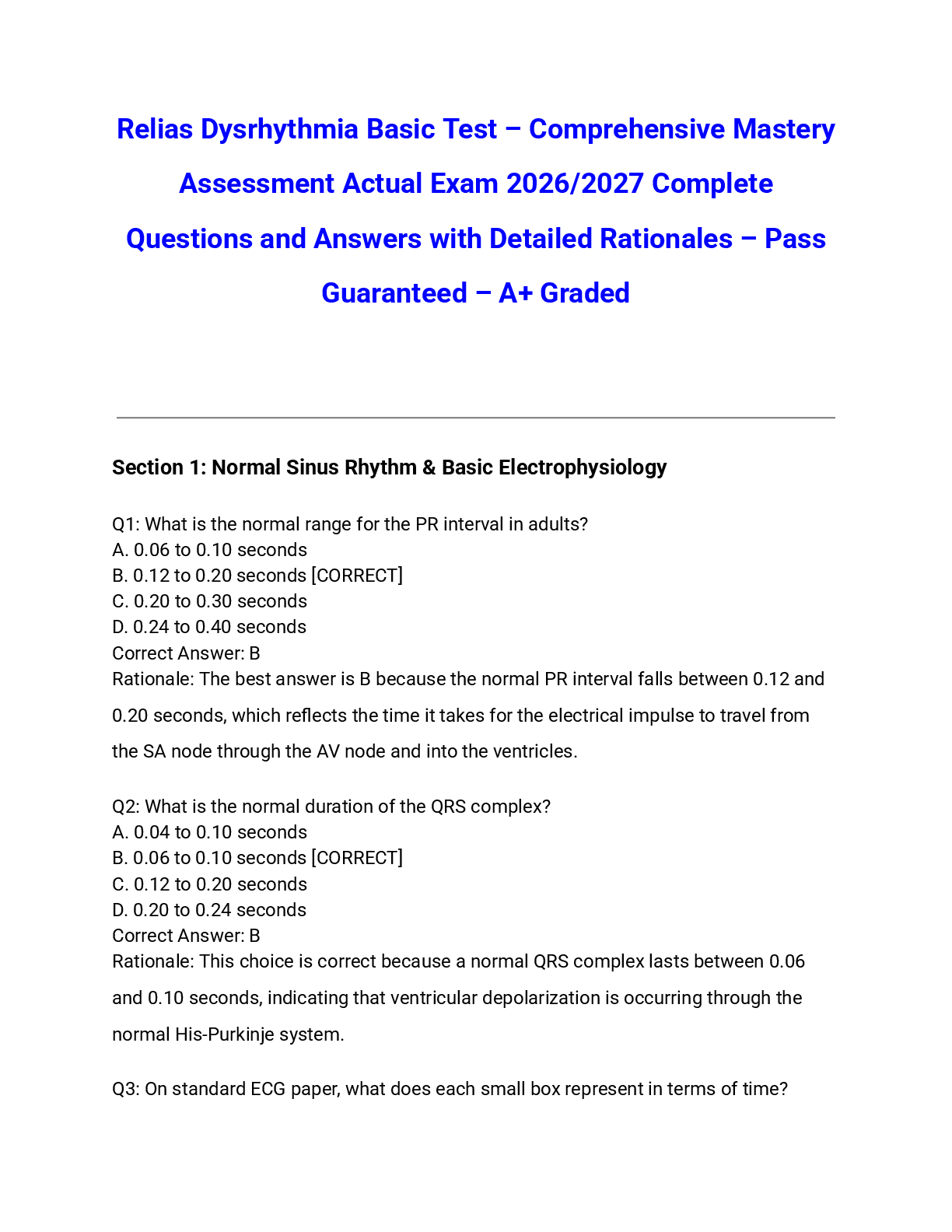 Recommended document preview for Relias Dysrhythmia Basic Test – Comprehensive Mastery Assessment Actual Exam 2026/2027 Complete Questions and Answers with Detailed Rationales – Pass Guaranteed – A+ Graded