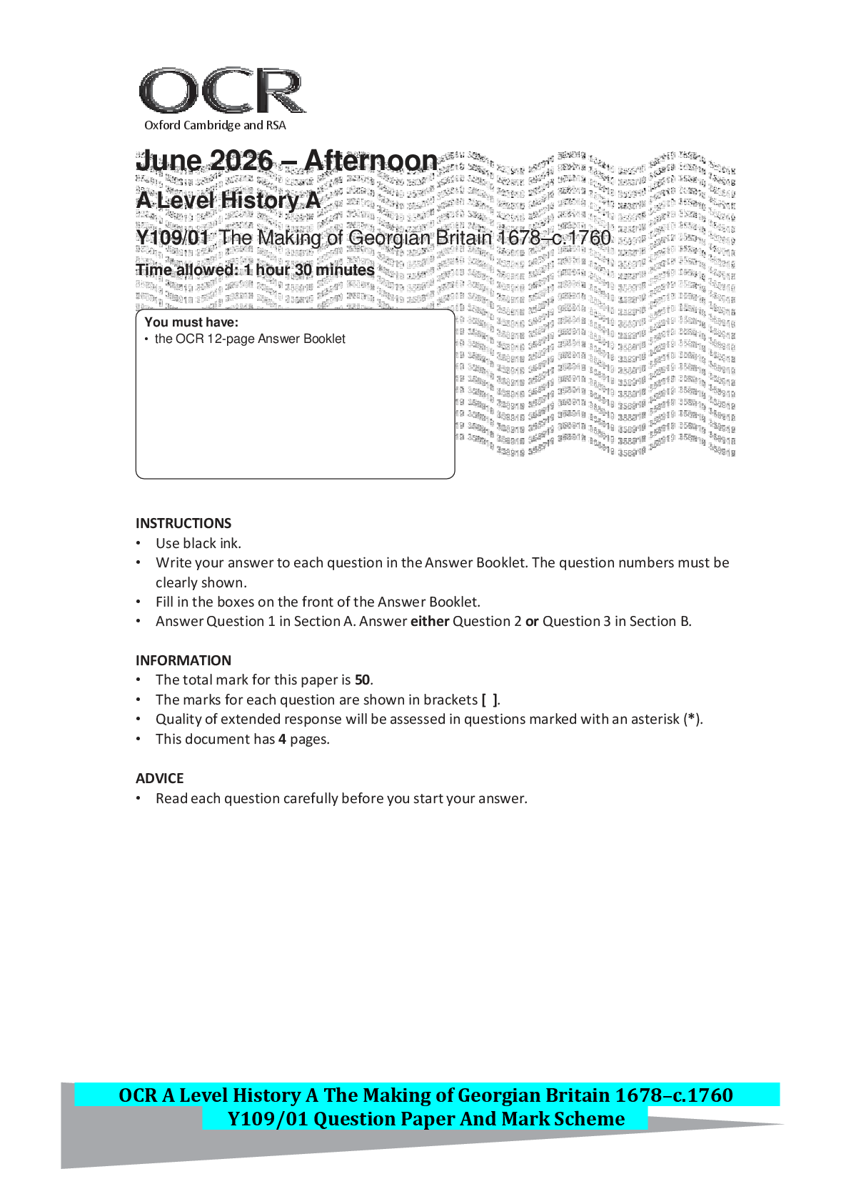 Recommended document preview for OCR A Level History A The Making of Georgian Britain 1678–c.1760 Y109/01 Question Paper And Mark Scheme