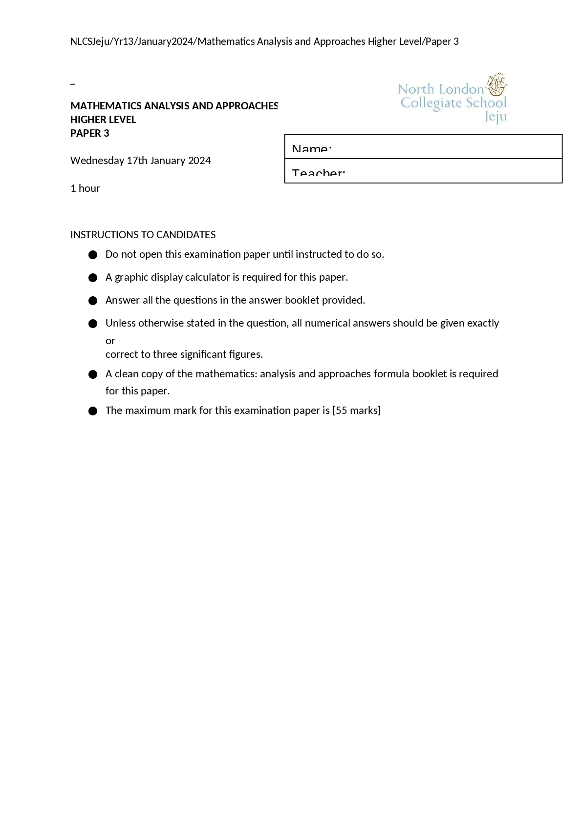 Preview of MATHEMATICS ANALYSIS AND APPROACHES HIGHER LEVEL PAPER 3 | North London Collegiate School