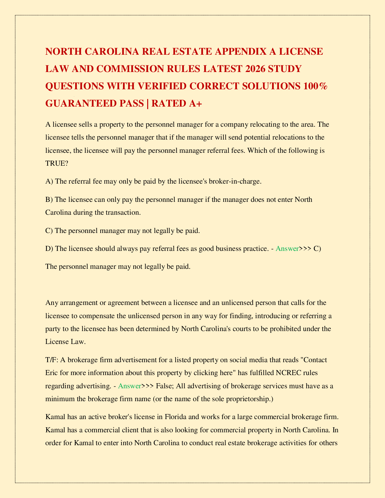 Recommended document preview for NORTH CAROLINA REAL ESTATE APPENDIX A LICENSE LAW AND COMMISSION RULES LATEST 2026 STUDY QUESTIONS WITH VERIFIED CORRECT SOLUTIONS 100% GUARANTEED PASS | RATED A+