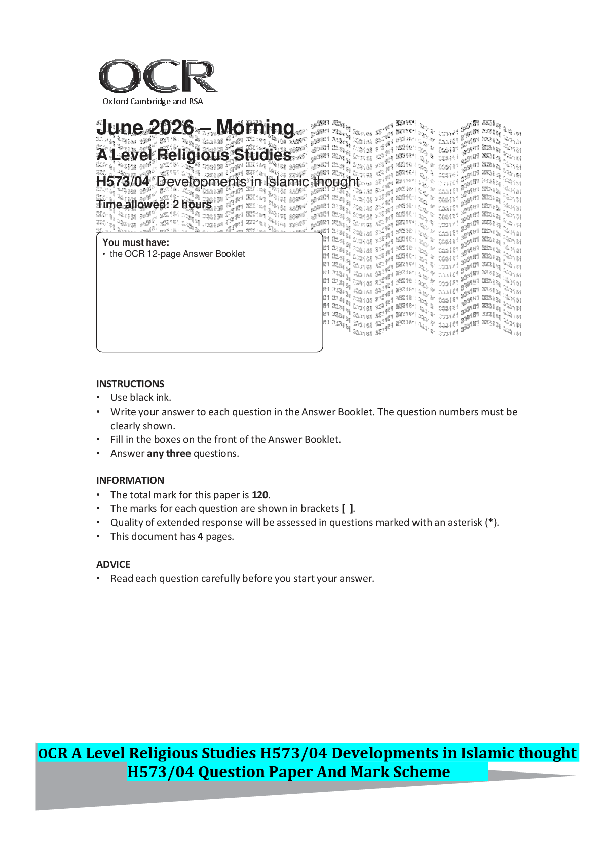 Recommended document preview for OCR A Level Religious Studies H573/04 Developments in Islamic thought H573/04 Question Paper And Mark Scheme