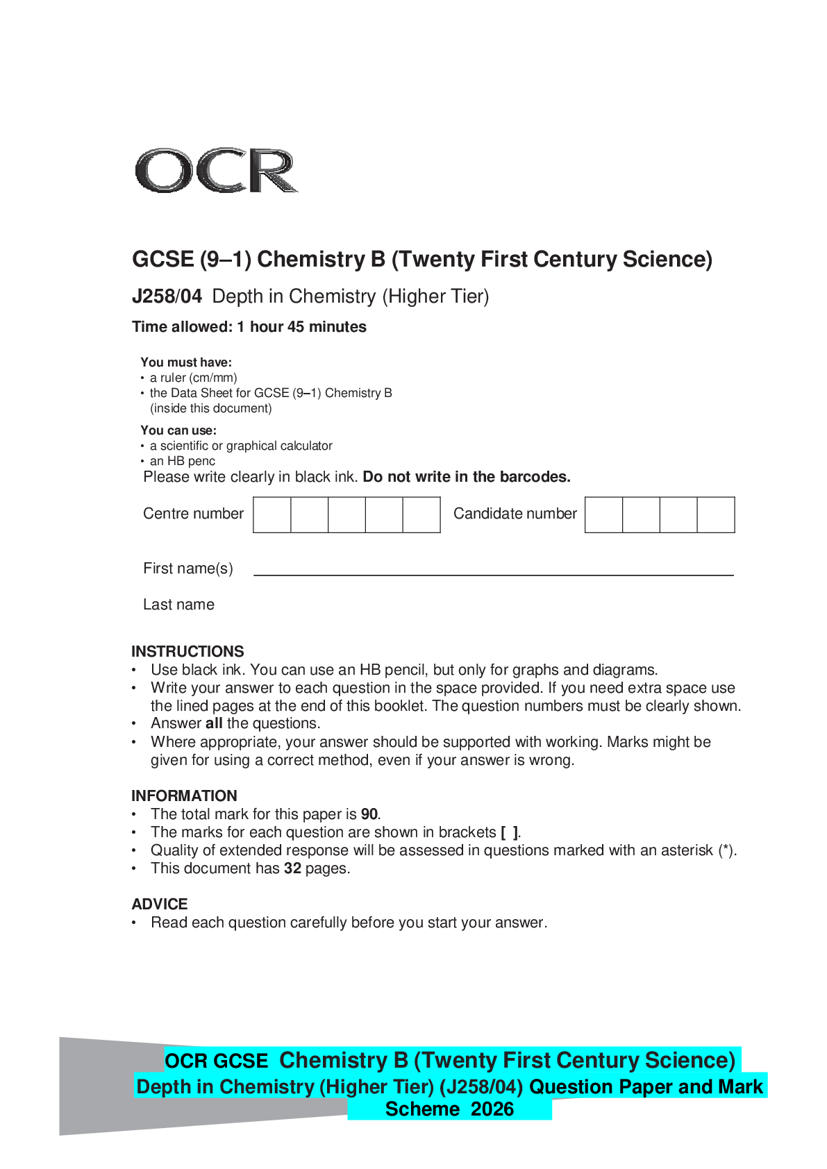 Recommended document preview for OCR GCSE Chemistry B (Twenty First Century Science) Depth in Chemistry (Higher Tier) (J258/04) Question Paper and Mark Scheme 2026